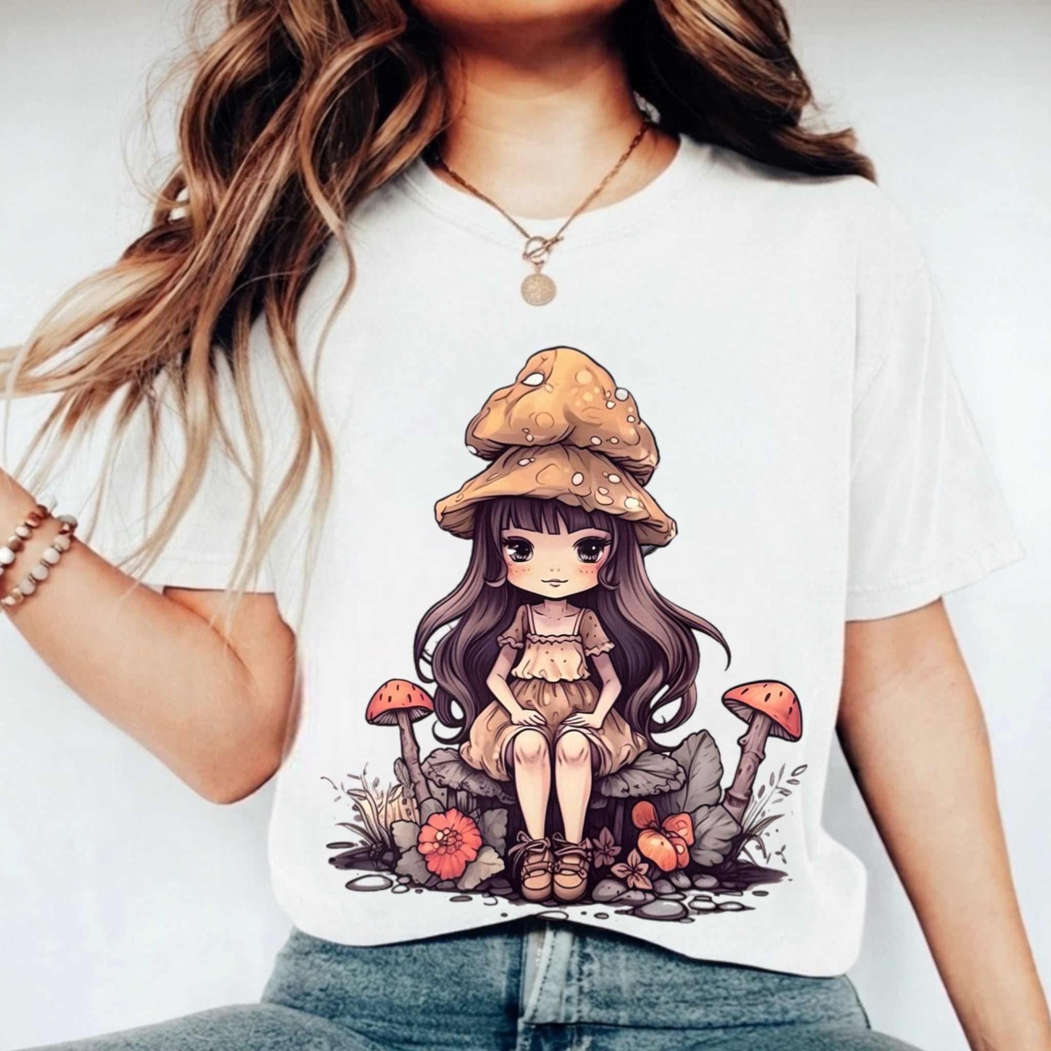 Mushroom Girl Oversized Graphic Tee Cute Cottagecore Whimsy T-Shirt