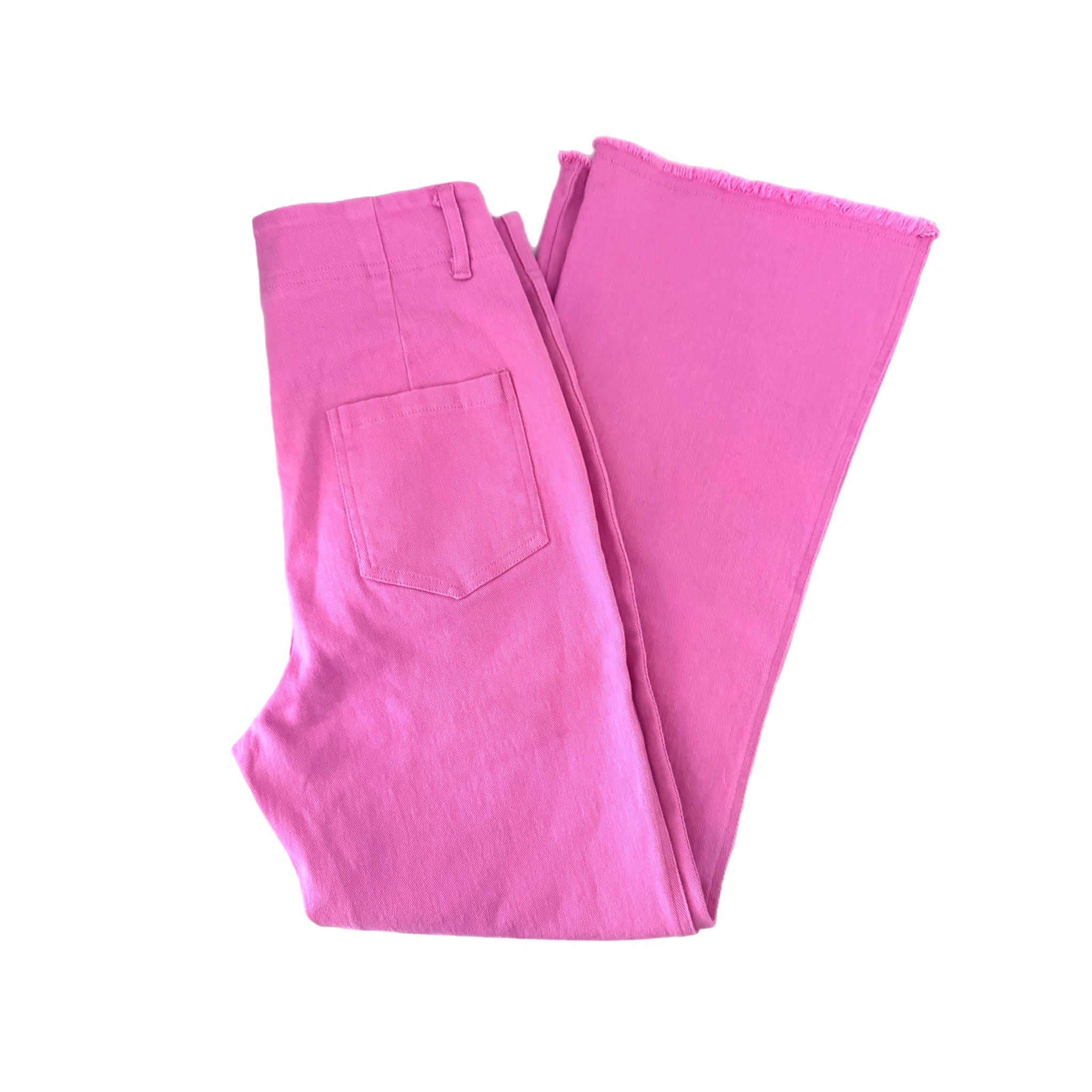 LA MIEL High-Rise Raw Hem Stretch Ankle Flare Pants in Candy Pink