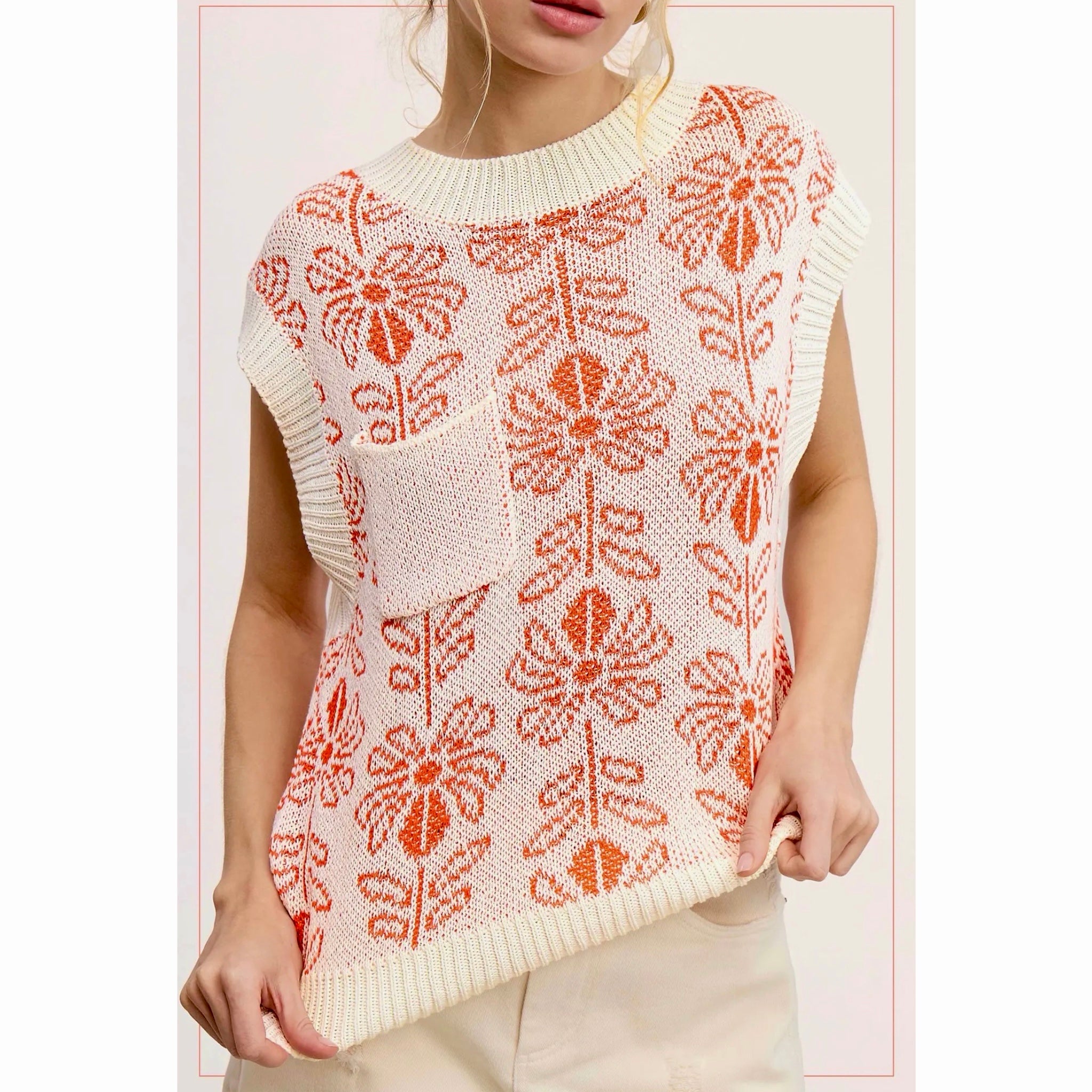 La Miel Floral Knit Sweater Vest Retro Revival Sleeveless Top- Burnt Orange