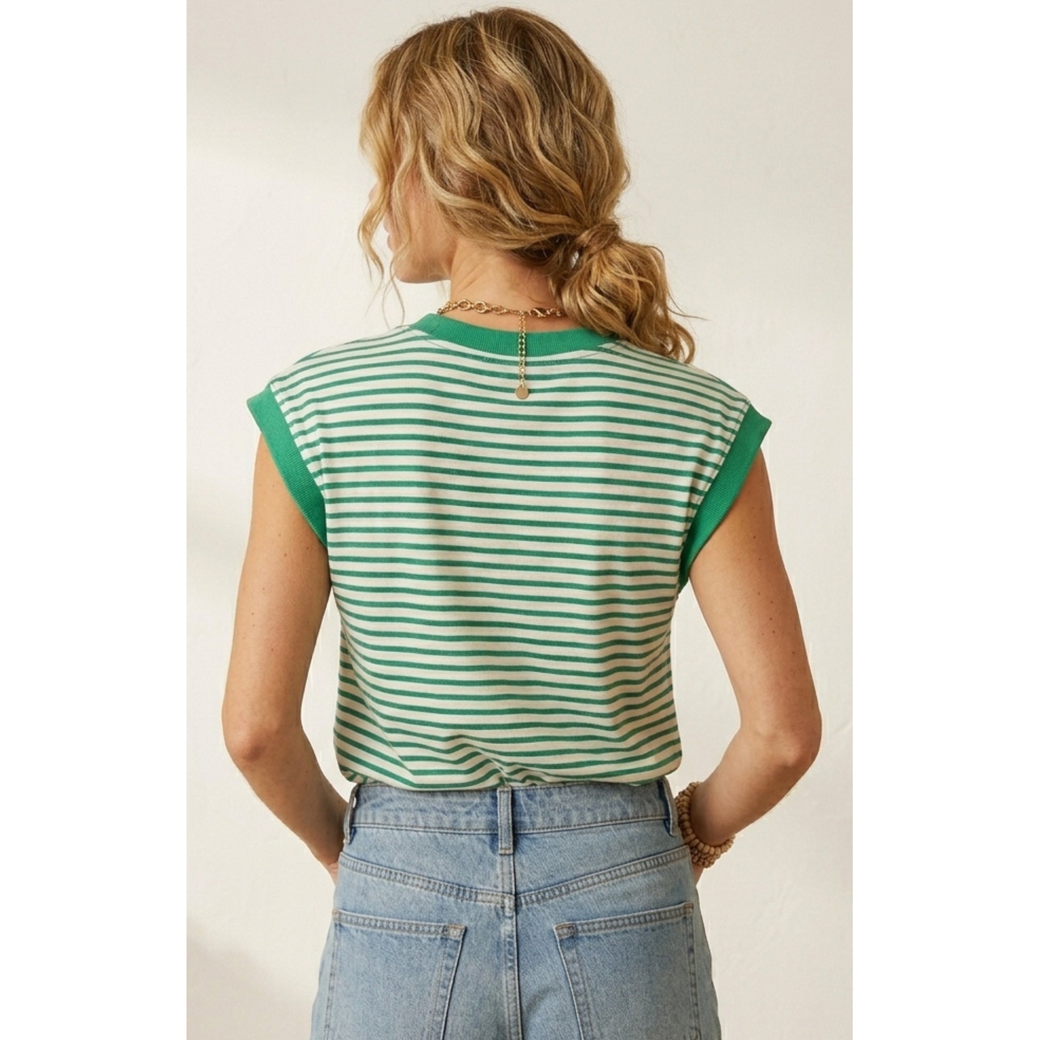 La Miel Nautical Striped Cap Sleeve Top in Apple Green Soft Cotton