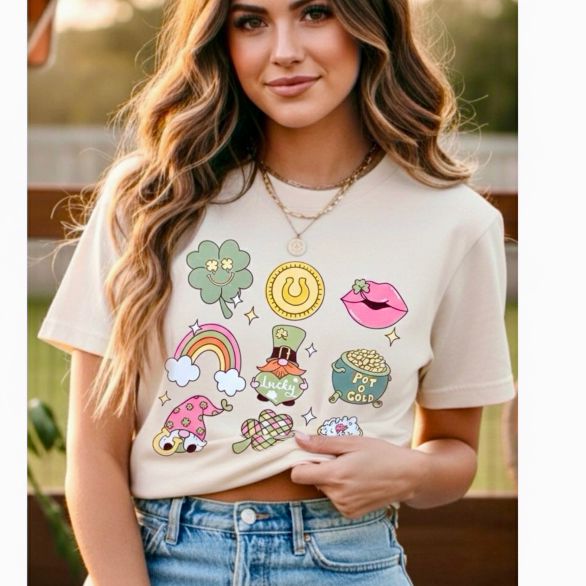 ST PATRICKS Shirt Gnome Lucky Retro Graphic Tee Trendy Boho in Cream