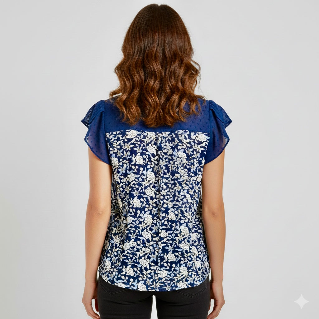 DANIEL RAINN Cottage Floral Lace Short Sleeve Blouse Women’s Top in Blue