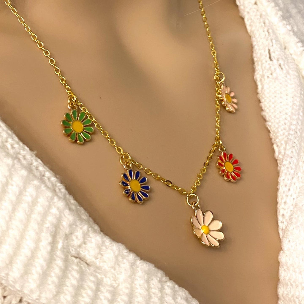 Boho Spring Flowers Gold Tone Charm Necklace Colorful Daisies - East Coast Bella LLC