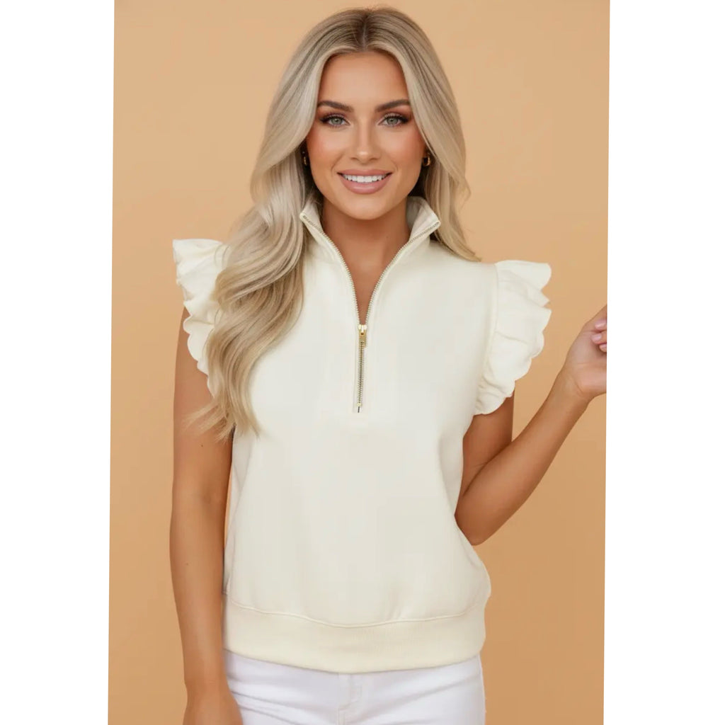 Preppy Aesthetic Quarter-Zip Ruffle Short Sleeve Sweater Top Creamy Beige