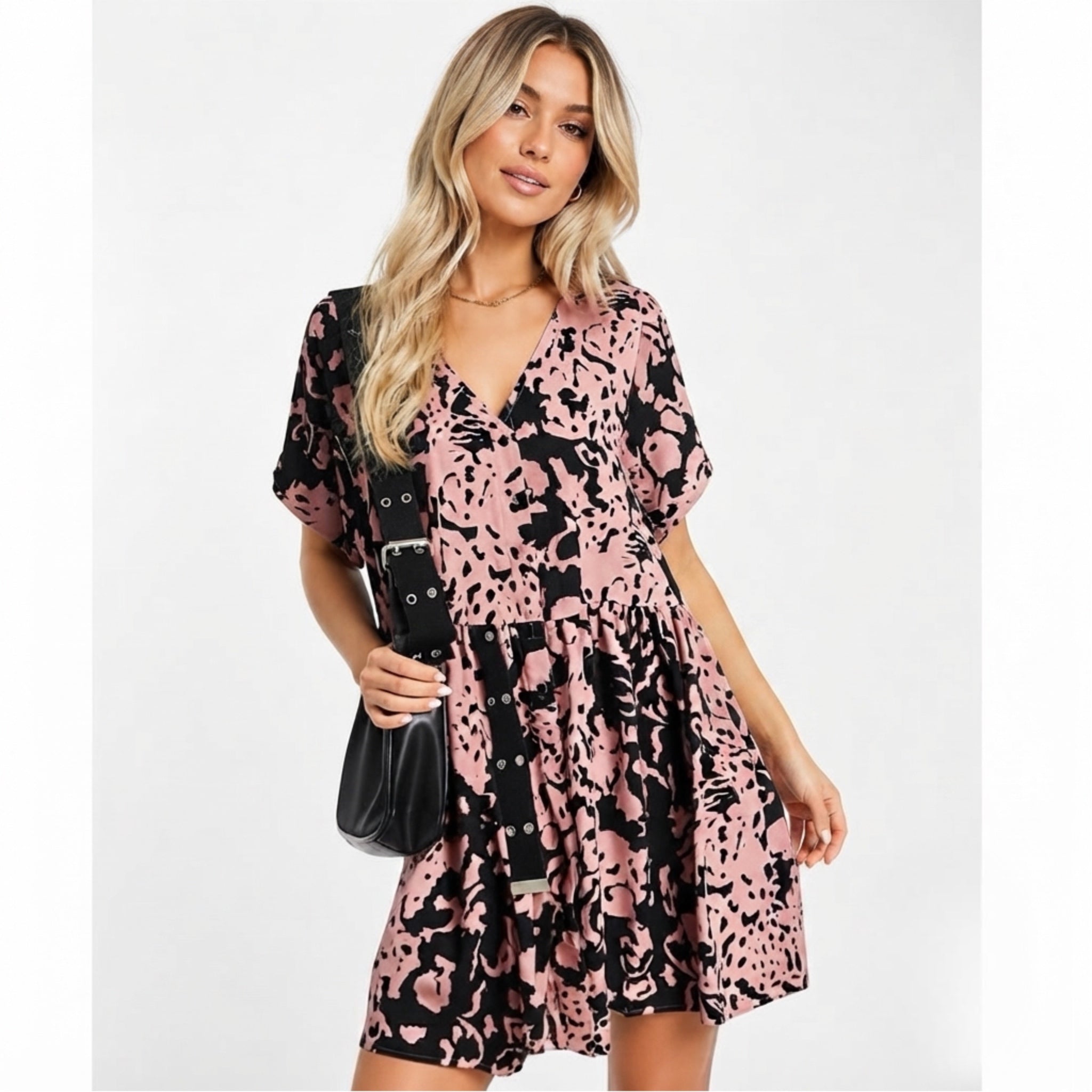 Urban Threads Oversized Button Front Dress in Pink Abstract