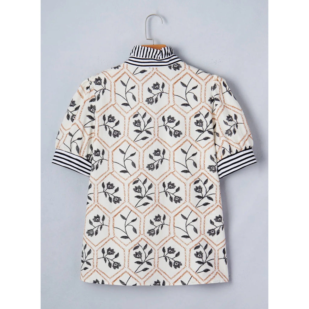 Preppy Aesthetic Floral Stripe Patchwork Ruffle Blouse Puff Sleeve