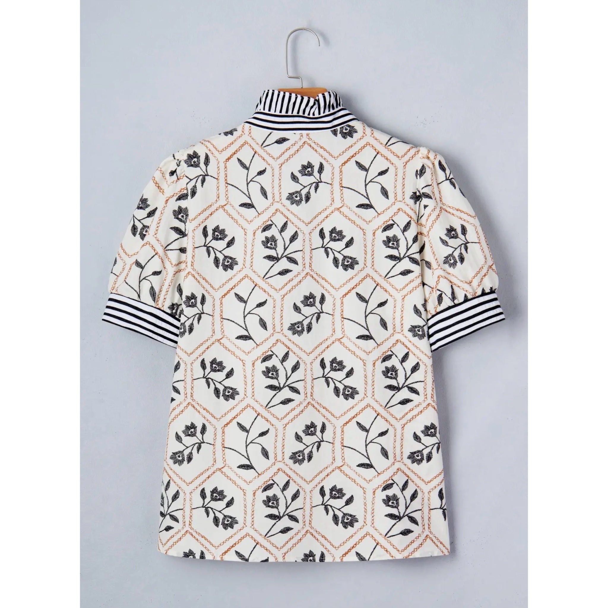 Preppy Aesthetic Floral Stripe Patchwork Ruffle Blouse Puff Sleeve