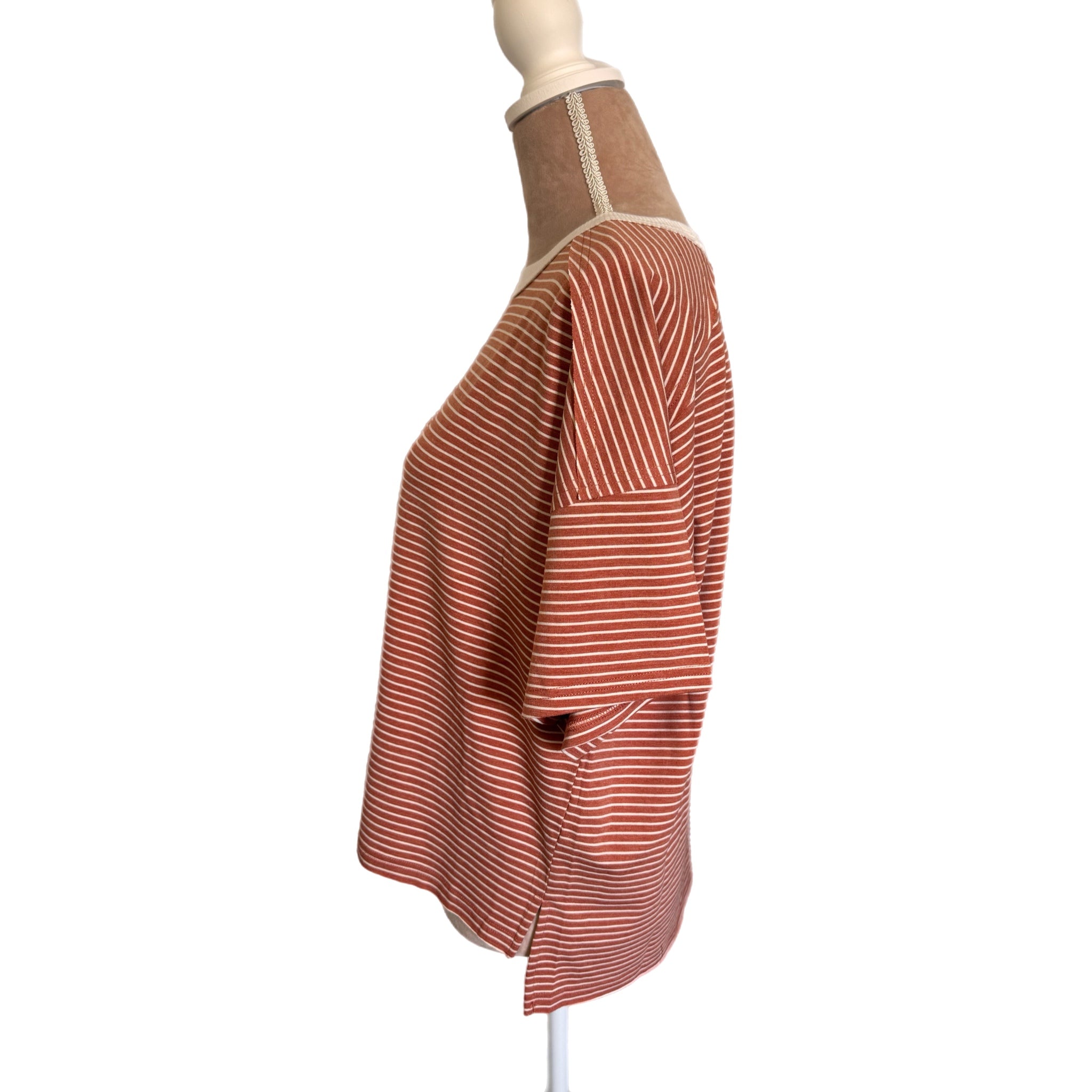 LA MIEL Boho Chic Terracotta Striped Top Drop-Shoulder Tee
