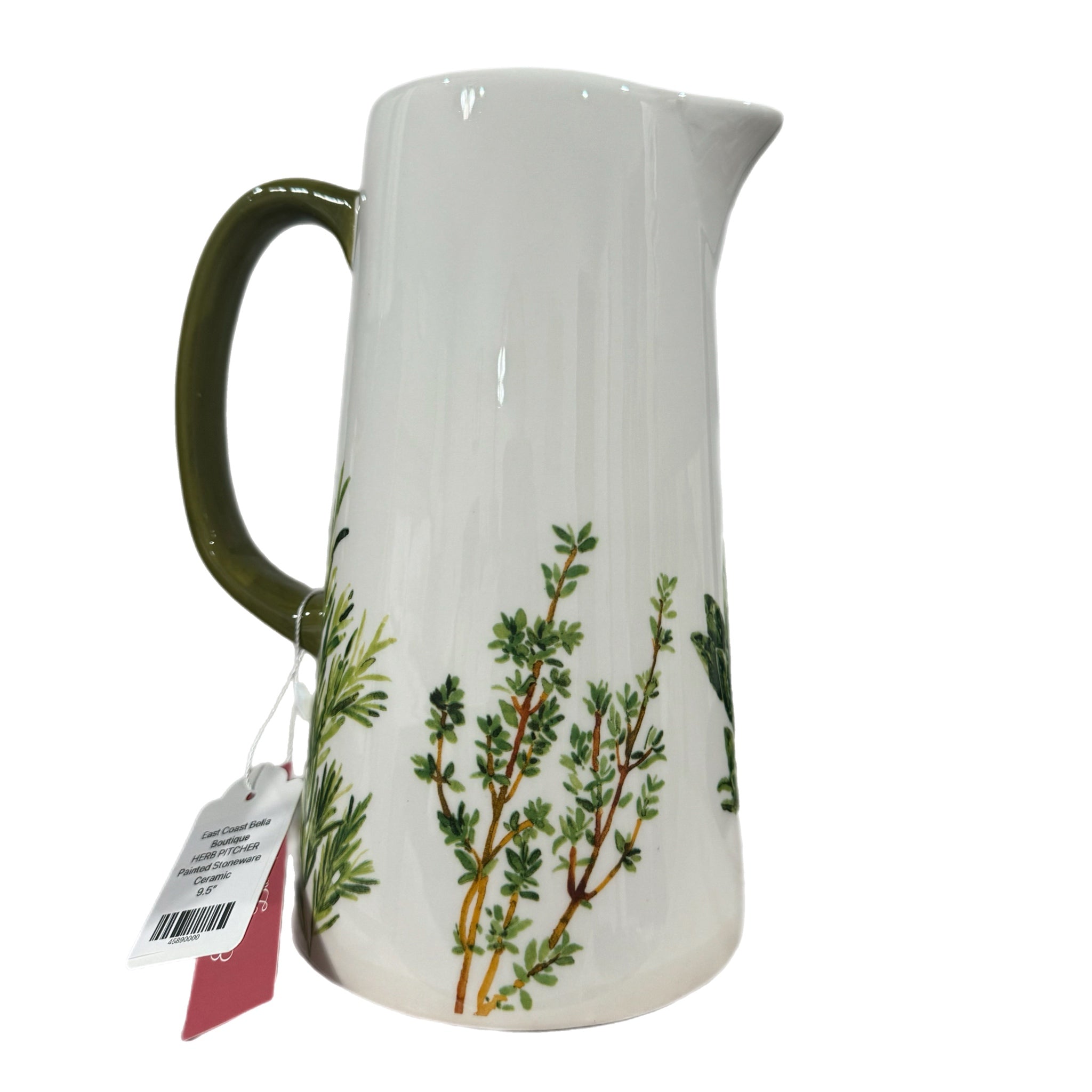 SULLIVANGIFT Ceramic Pitcher “Herbs” Painted Drink Container Green White 9.5”