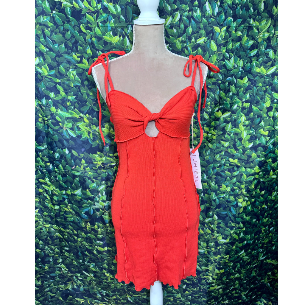LUMIERE Twist Front Dress Ribbed Knit Mini Tie Strap in Tomato Red