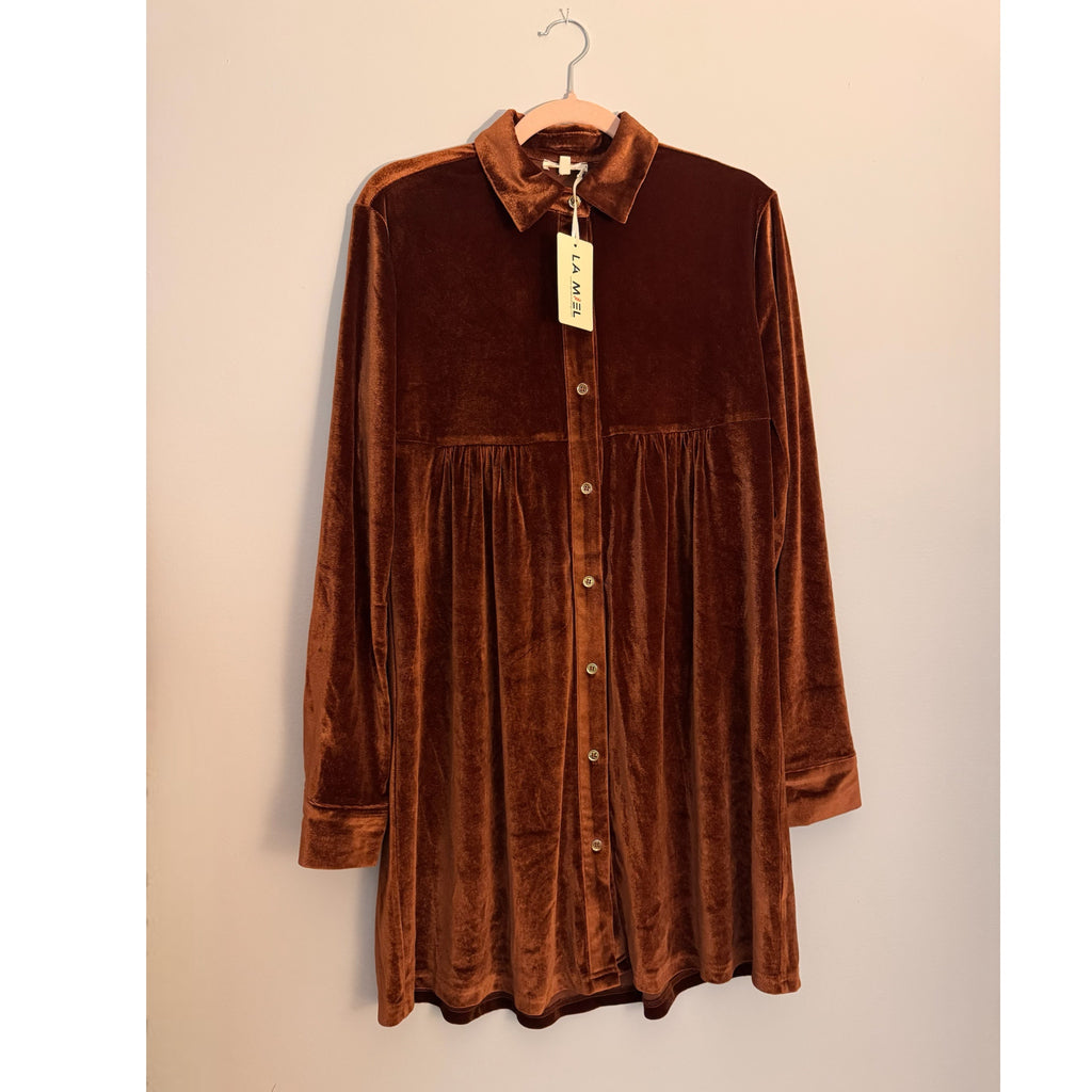 La Miel Velvet Button-Down Mini Dress in Autumn Smoked Topaz