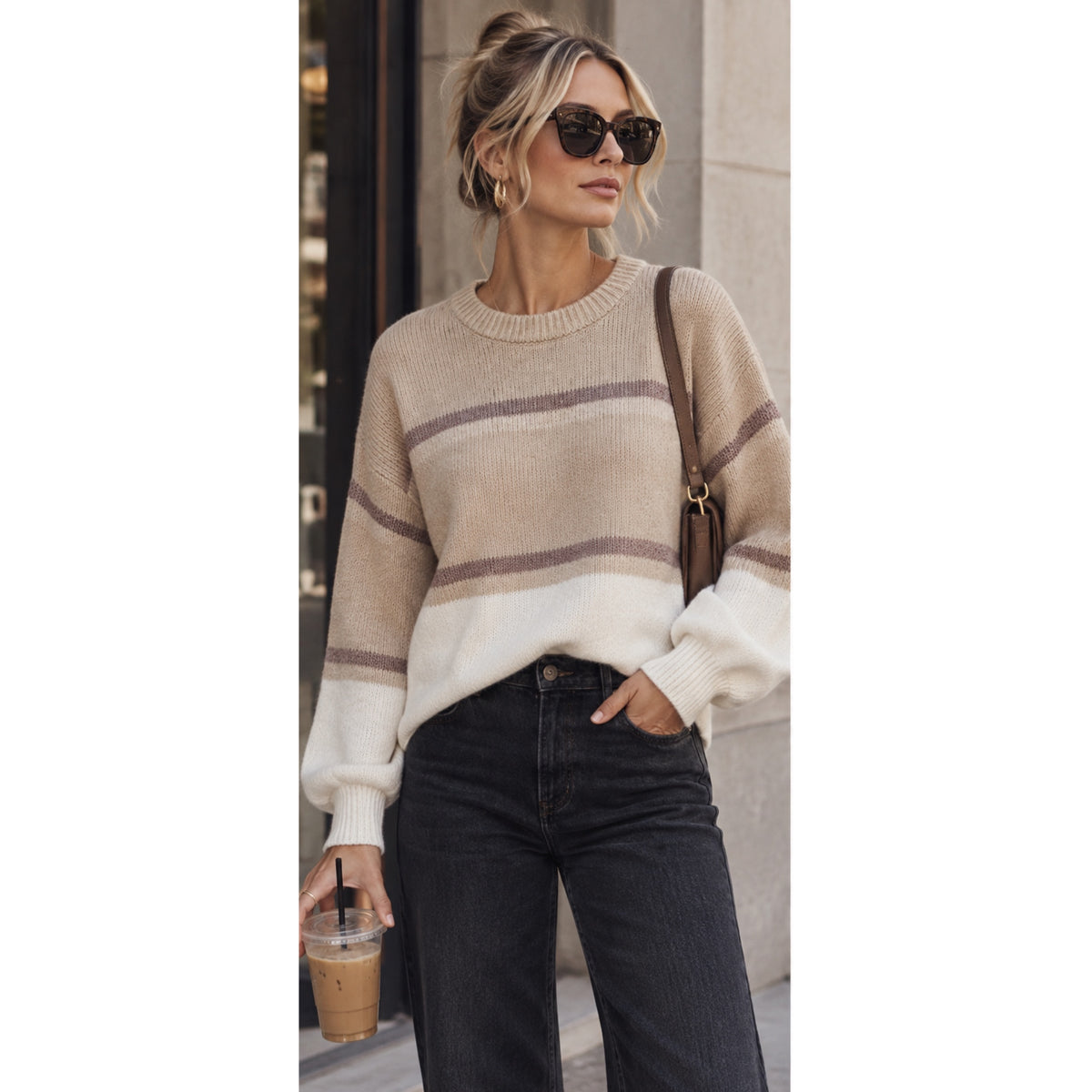 LOVE ELLIE Metallic Stripe Crew Neck Sweater in Beige and Cream