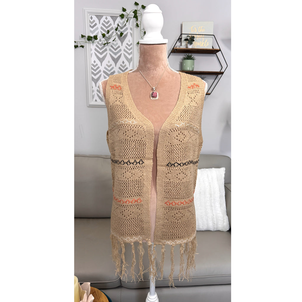 Boho Crochet Fringe Vest Tan Embroidered Open Front Cardigan
