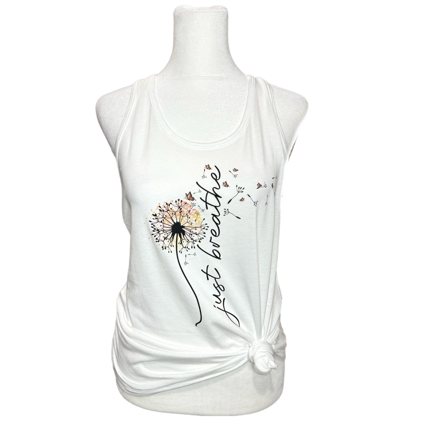 JUST BREATHE Women’s Graphic Tank Top Boho Style White Racer Back Flower