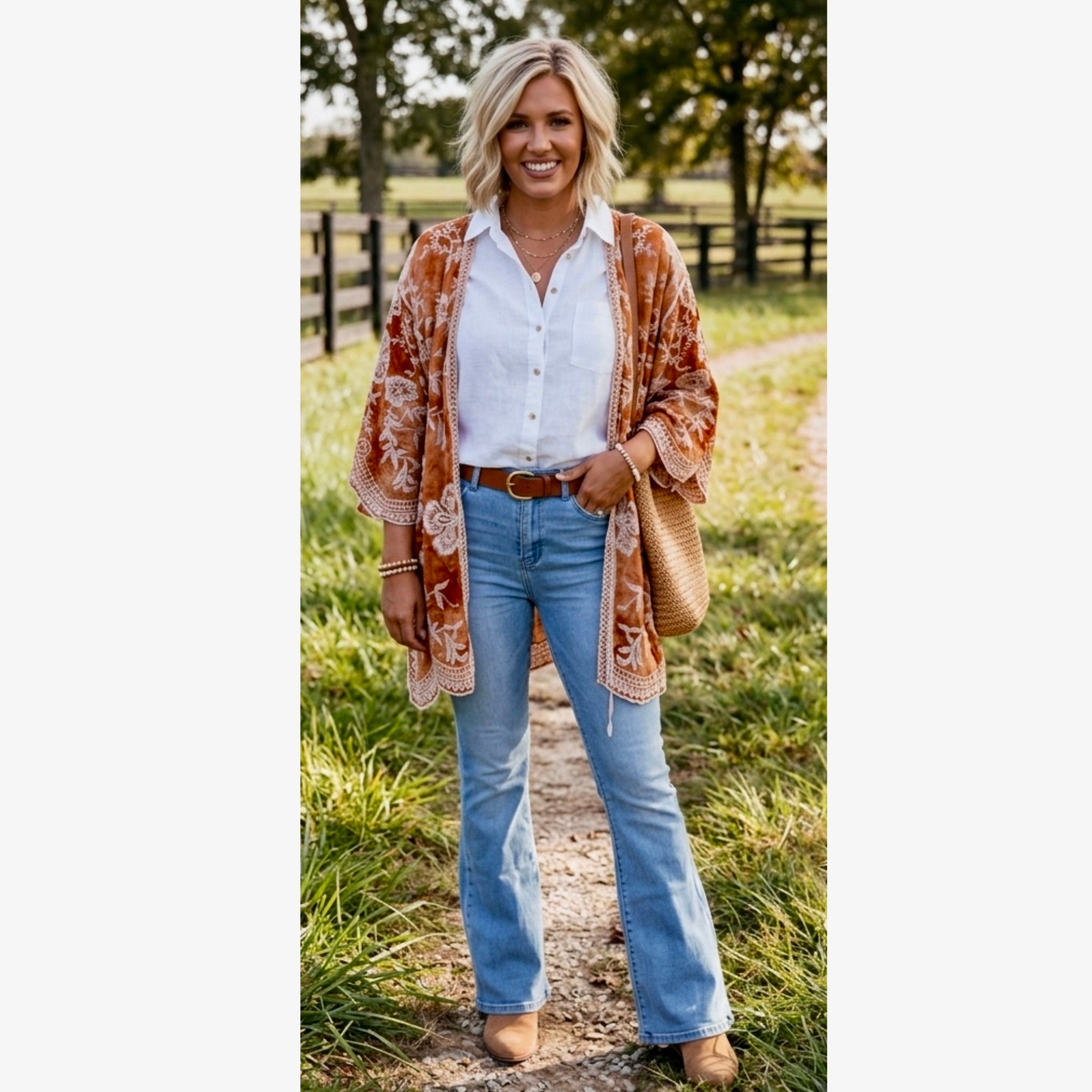 East Coast Bella Boho Embroidered Kimono Top Cover Up Layering Piece One Size