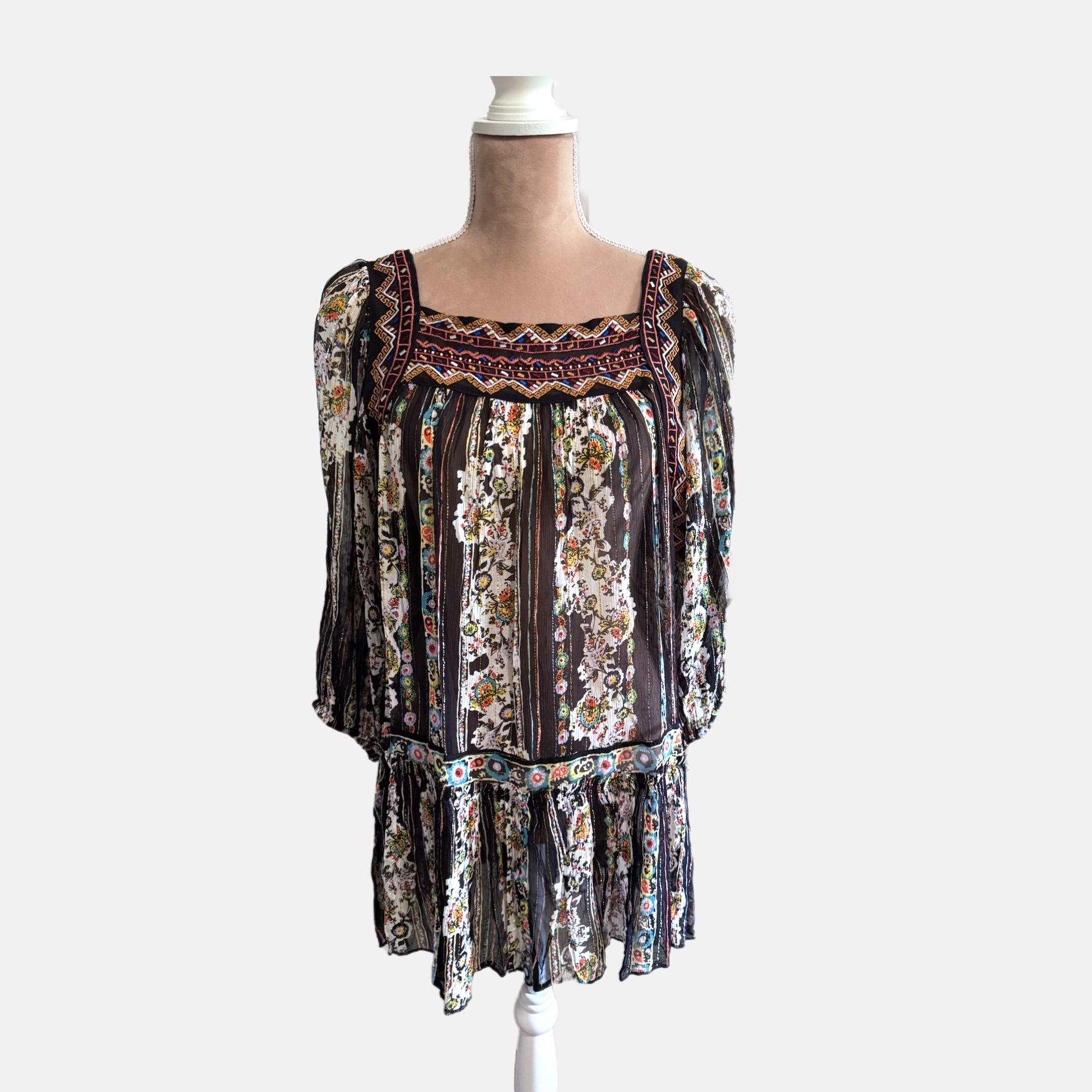 Free People Mini Dress Embroidered Floral Semi-Sheer Boho Black