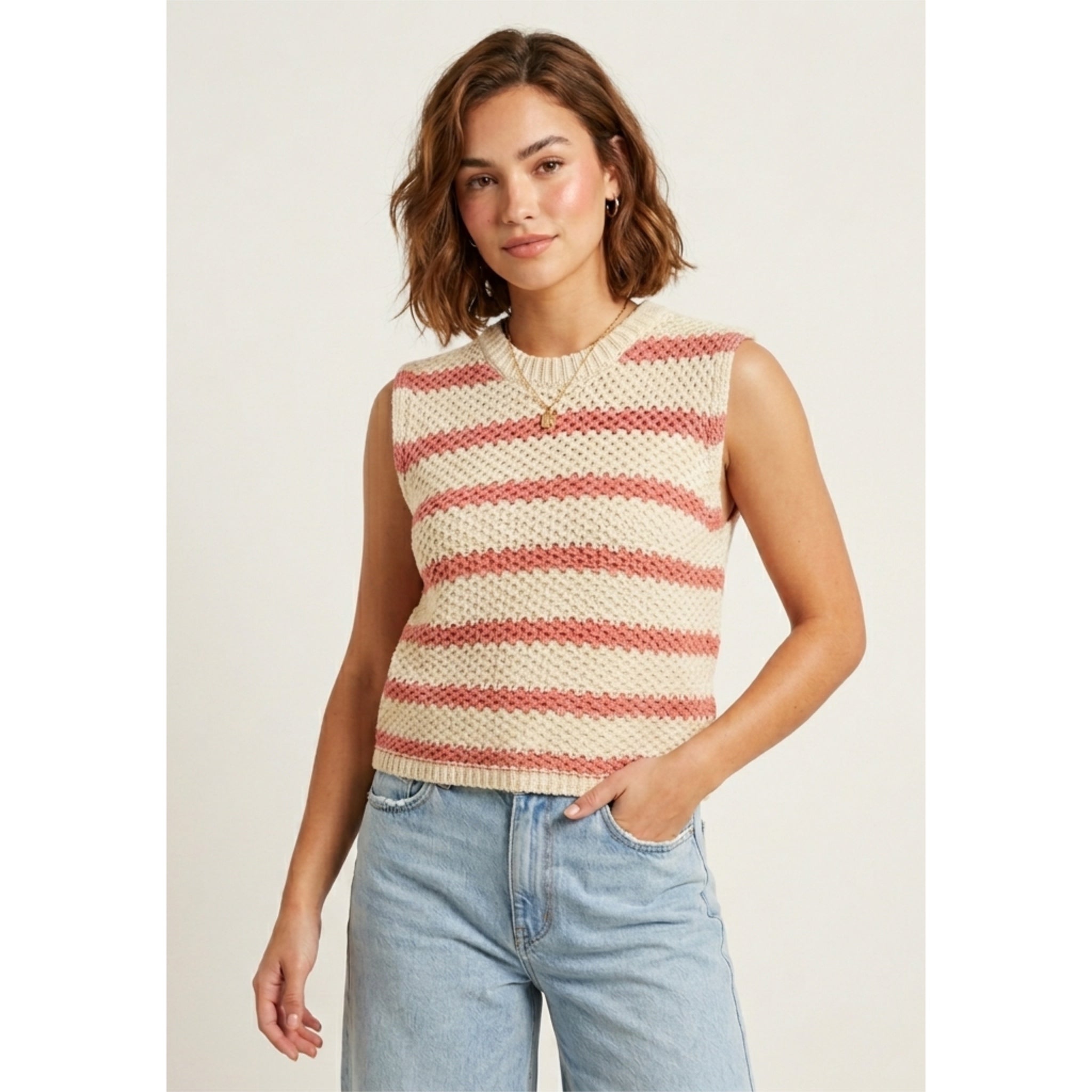 LA MIEL Coastal Open Knit Sweater Vest in Coral Beige Stripe