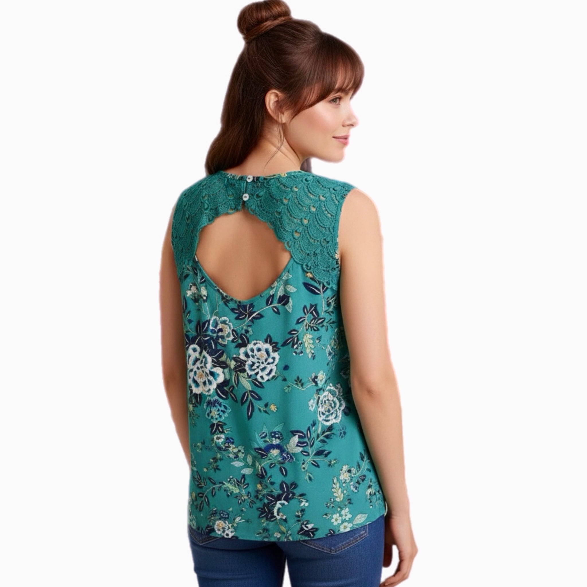 Daniel Rainn Tropical Green Floral Sleeveless Blouse Crochet Lace