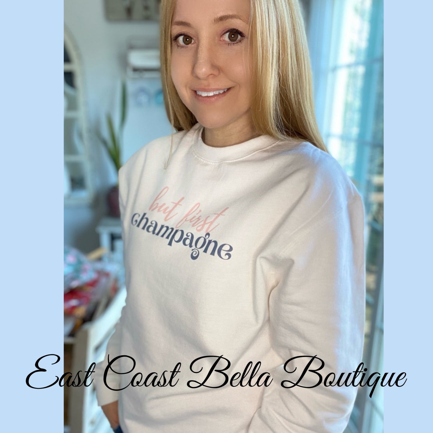 “But First, Champagne” Sweatshirt White Crew Neck Long Sleeve S-XL