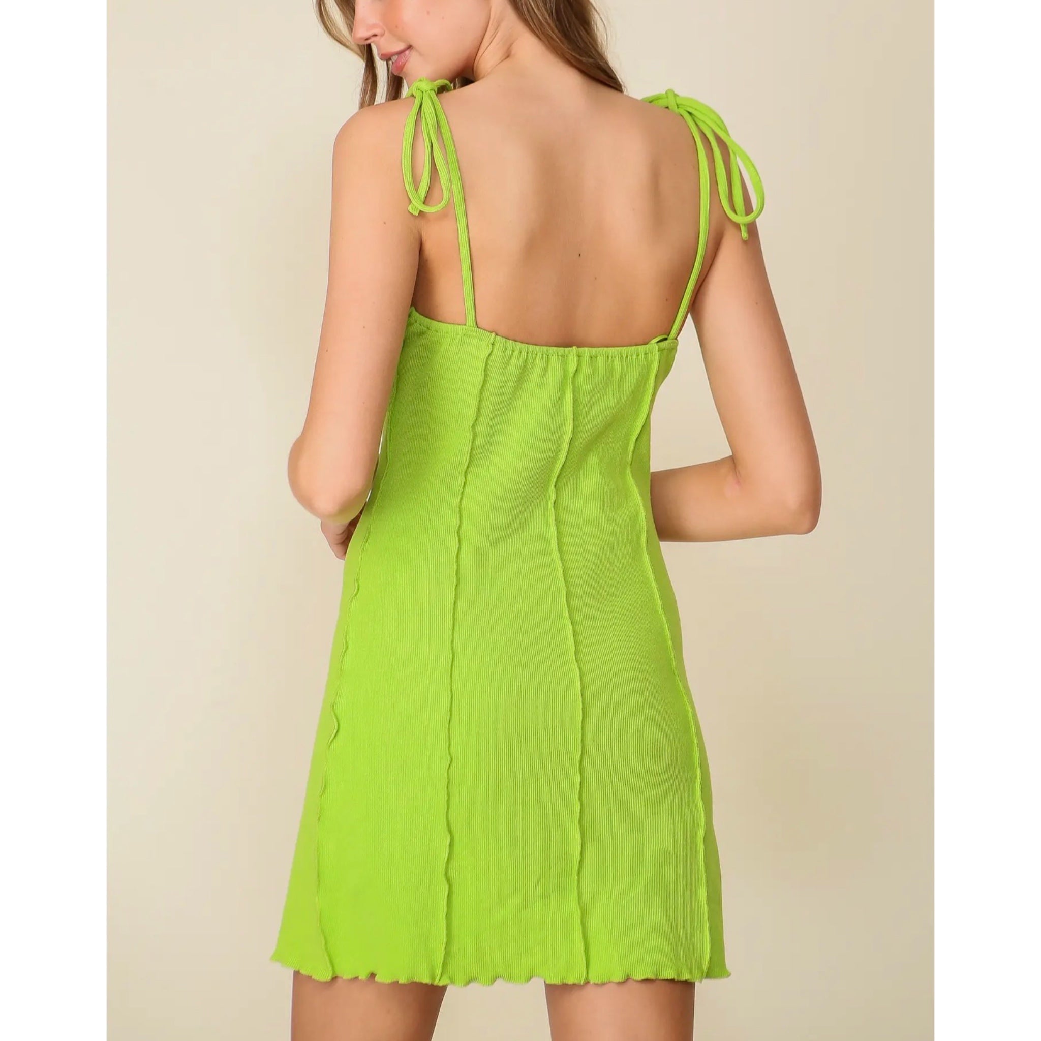 LUMIERE Twist Front Dress Ribbed Knit Mini Tie Strap in Margarita Lime