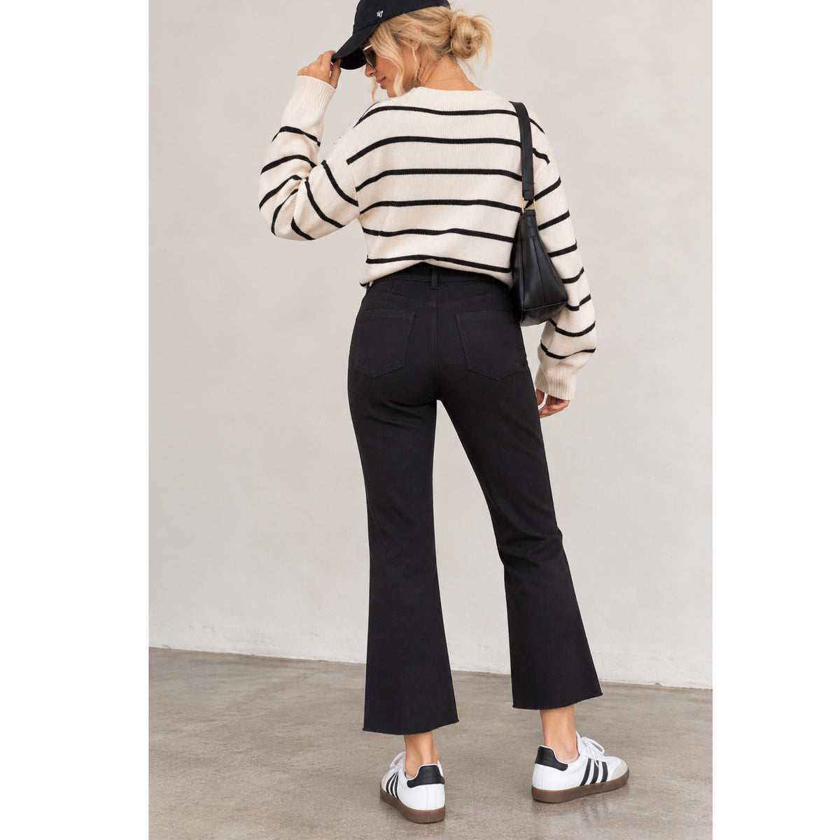 LA MIEL High-Rise Raw Hem Stretch Ankle Flare Pants in Black