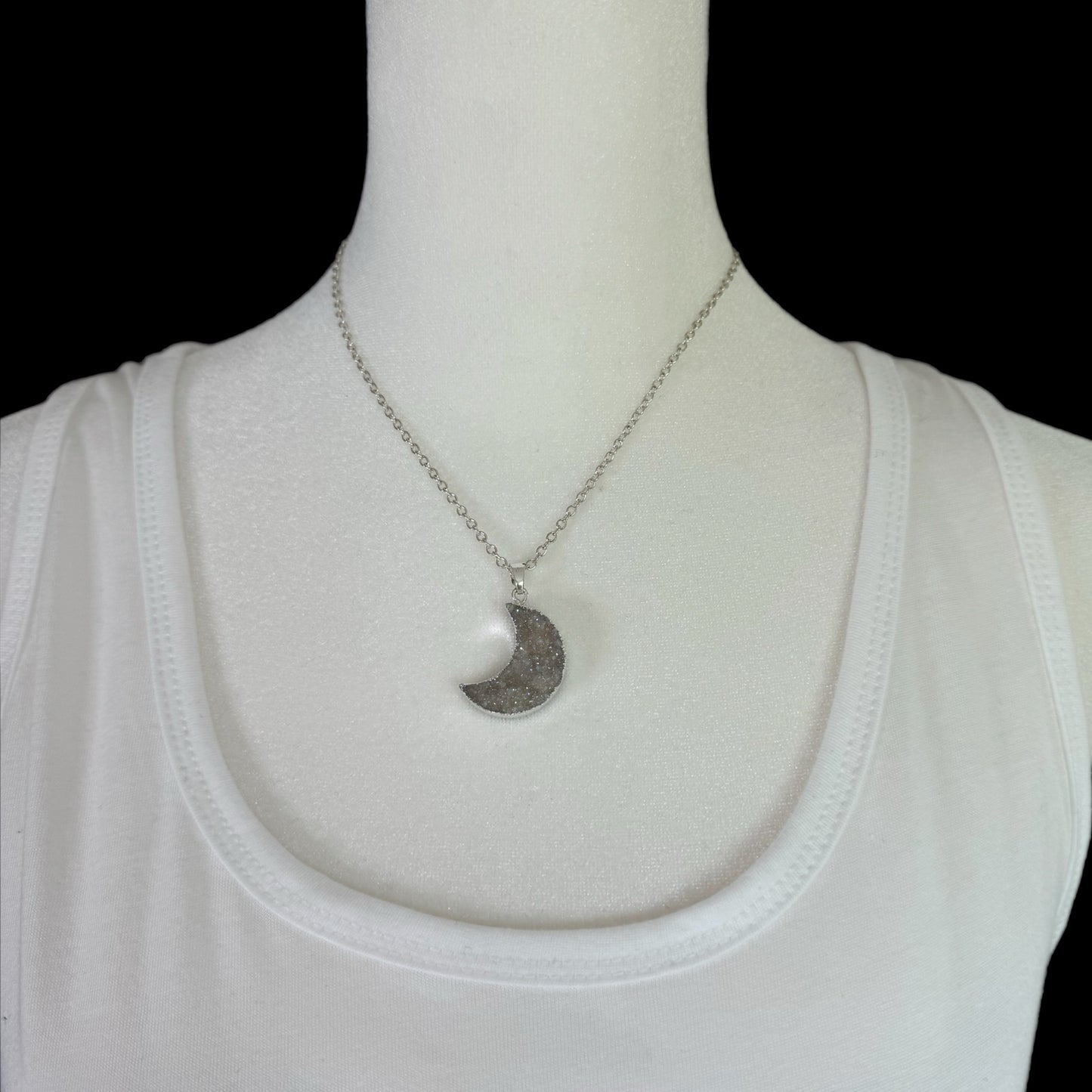 Quartz Druzy Stone Crescent Moon Silver Plated Geode Necklace Crystal