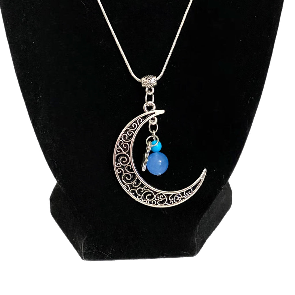 Silver Tone Filigree Celestial Moon Pendant Necklace Blue Stone Bead Charms 18” Silver Plate Chain - East Coast Bella LLC