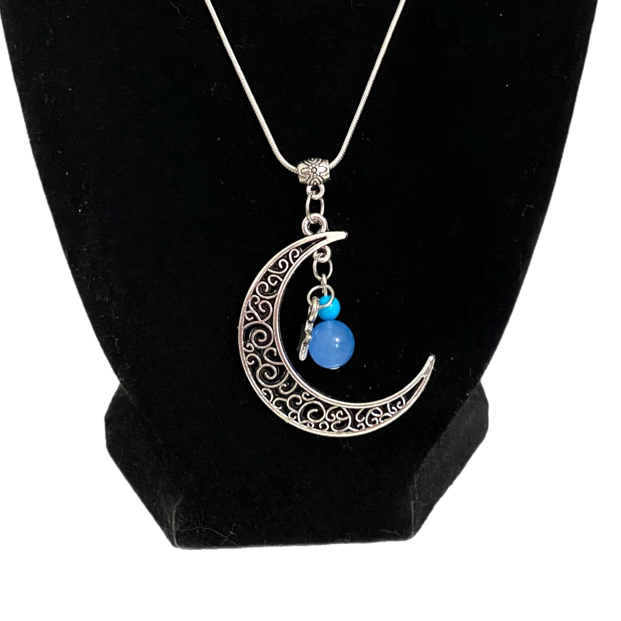 Silver Tone Filigree Celestial Moon Pendant Necklace Blue Stone Bead Charms 18” Silver Plate Chain - East Coast Bella LLC