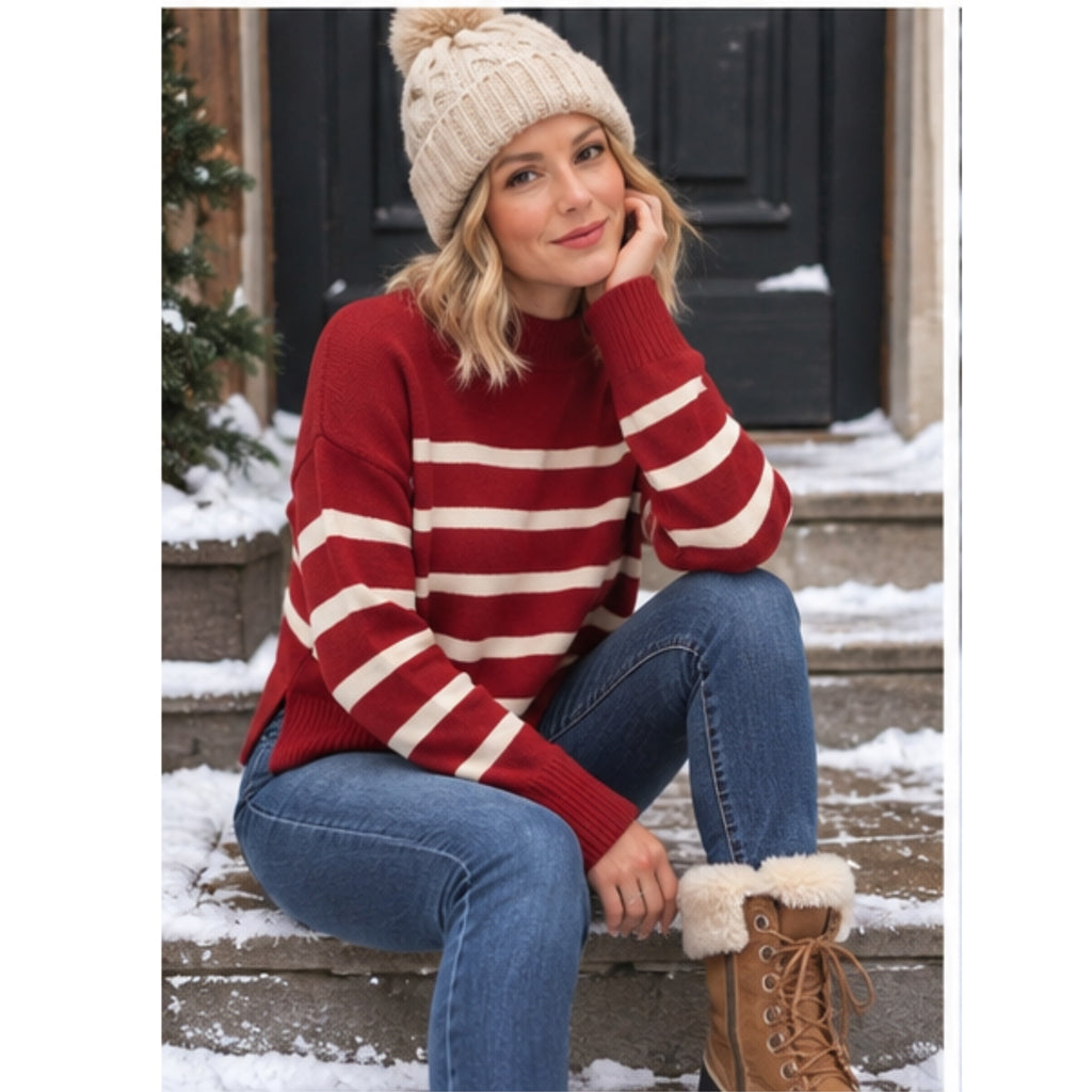 La Miel Red & Cream Striped Dolman Sleeve Mock Neck Sweater