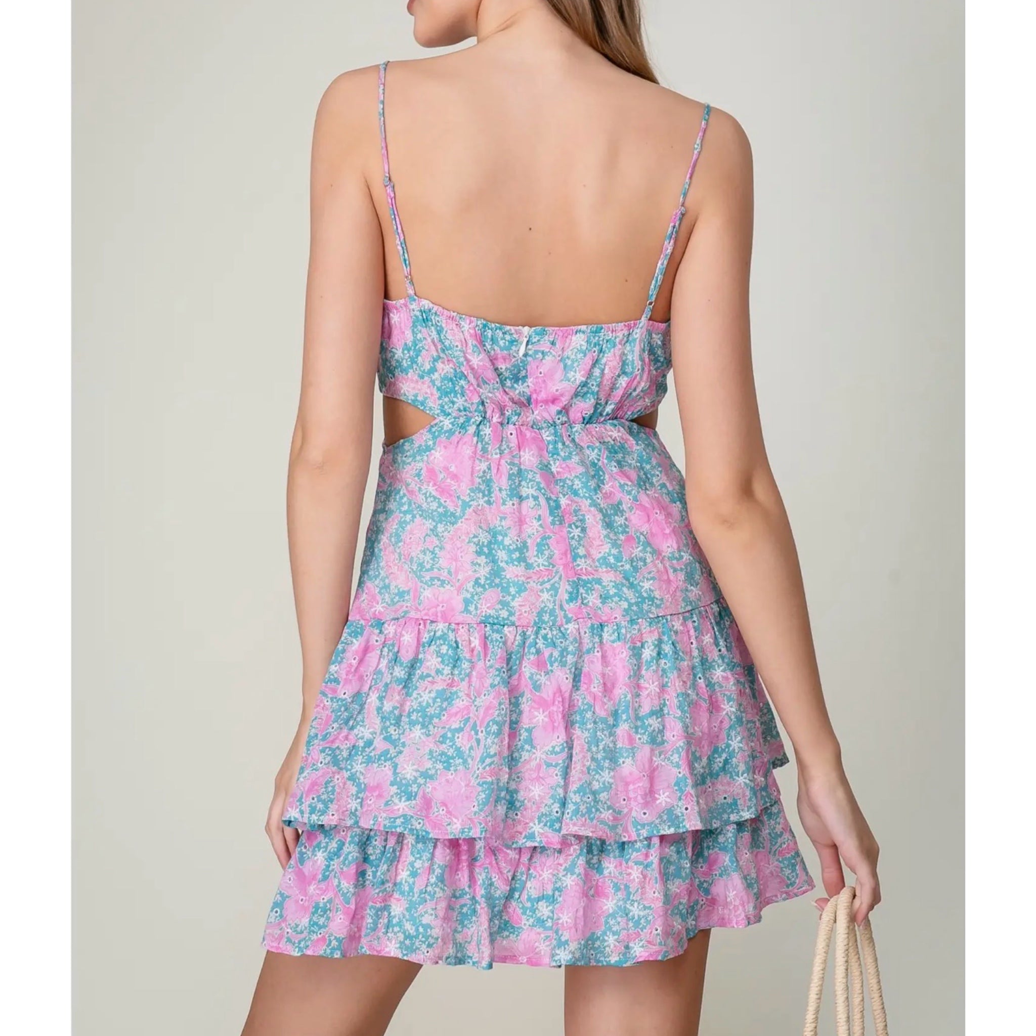 Lumiere Coastal Pink & Blue Embroidered Floral Tiered Mini Dress Ruffle