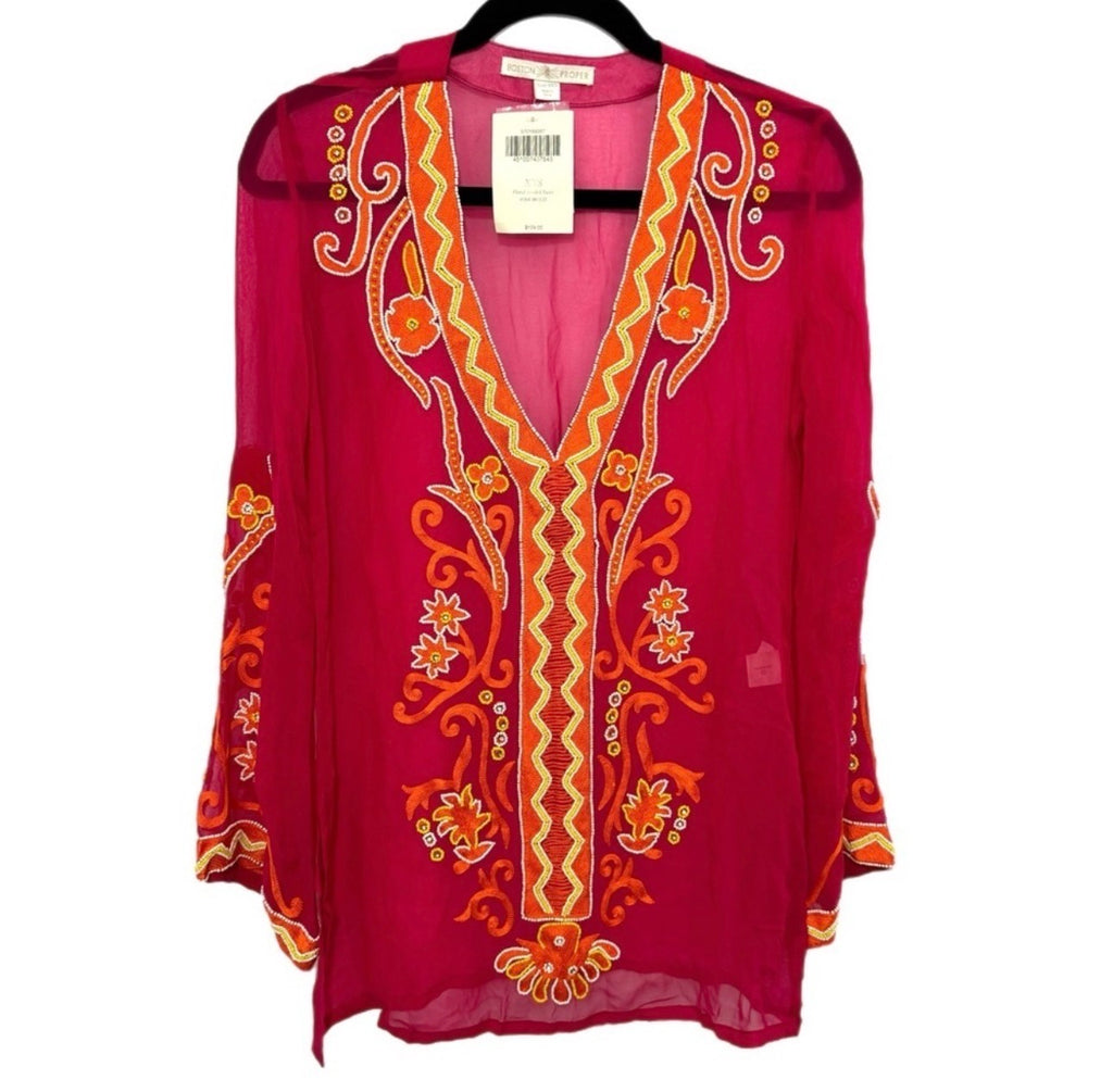 Boston Proper Beaded Resort Embroidered Sheer Tunic Top in Multi Pink
