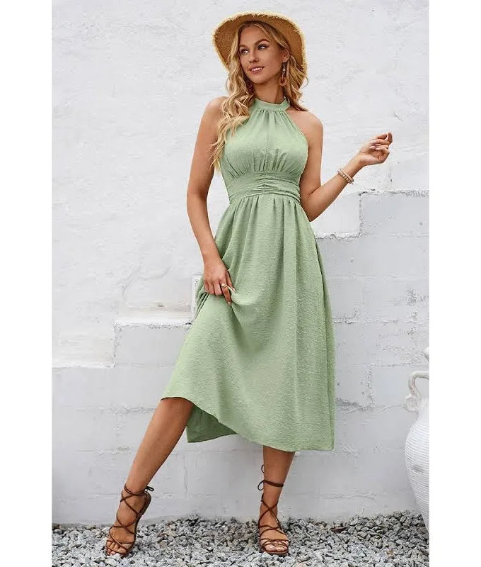 Polka Dot Halter Sleeveless Summer Midi Dress Light Olive