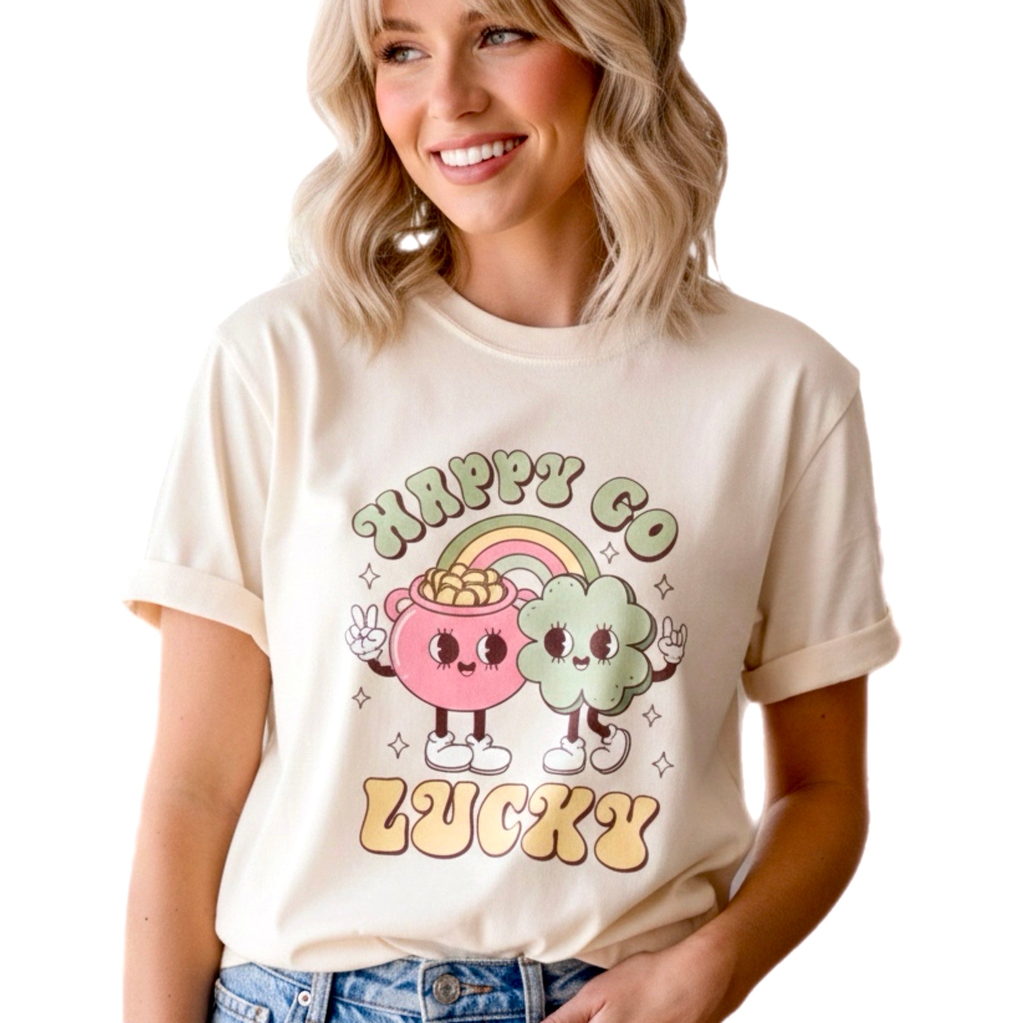 ST PATRICK’S “HAPPY GO LUCKY” Comfort Colors T Shirt Vintage Style Tee
