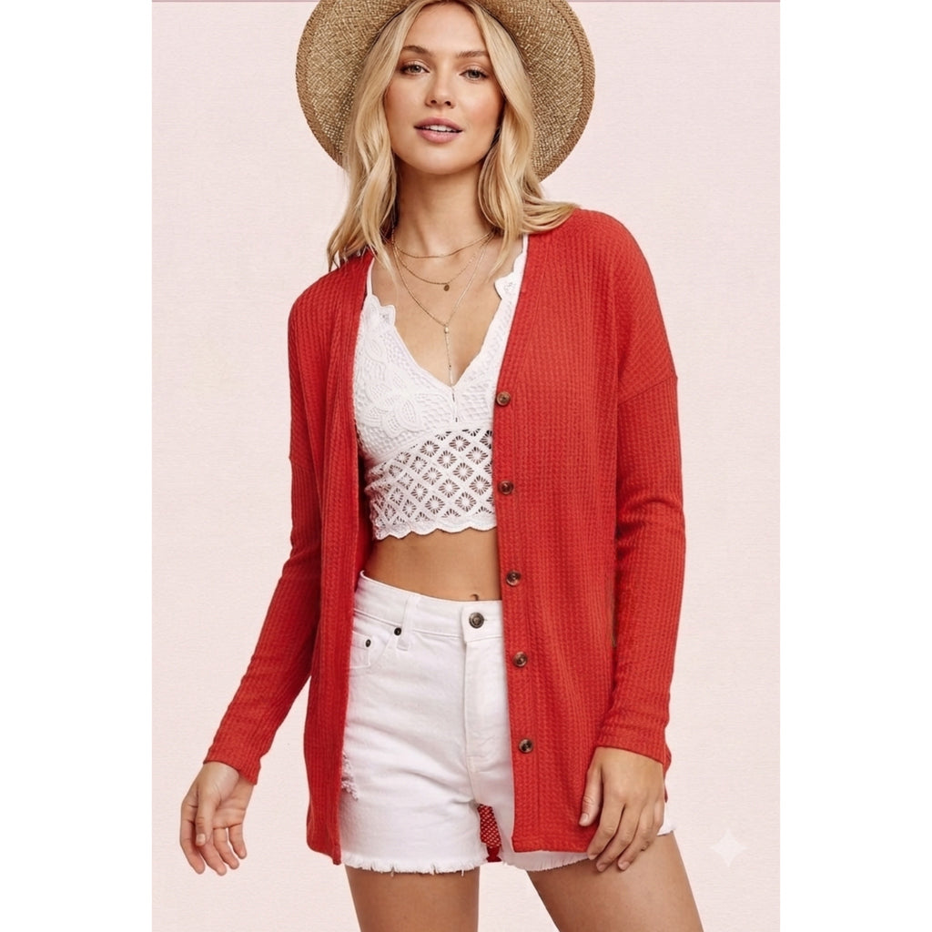 La Miel Soft Waffle Knit Button-Down Long Sleeve Oversized Cardigan