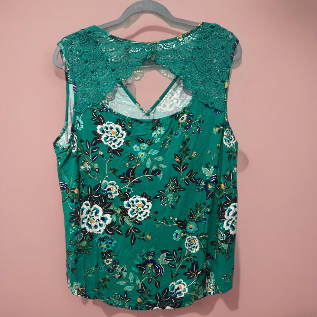 Daniel Rainn Tropical Green Floral Sleeveless Blouse Crochet Lace