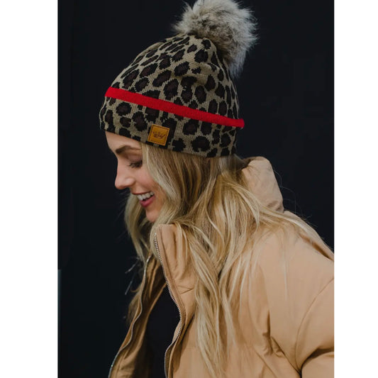 PANACHE Vegan Fur Puff Knit Hat Leopard Print Red Stripe Accent - East Coast Bella LLC