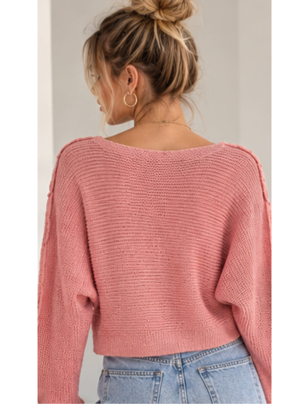 LA MIEL Dusty Rose Pink Knit Sweater Cropped Boat Neck Long Sleeve