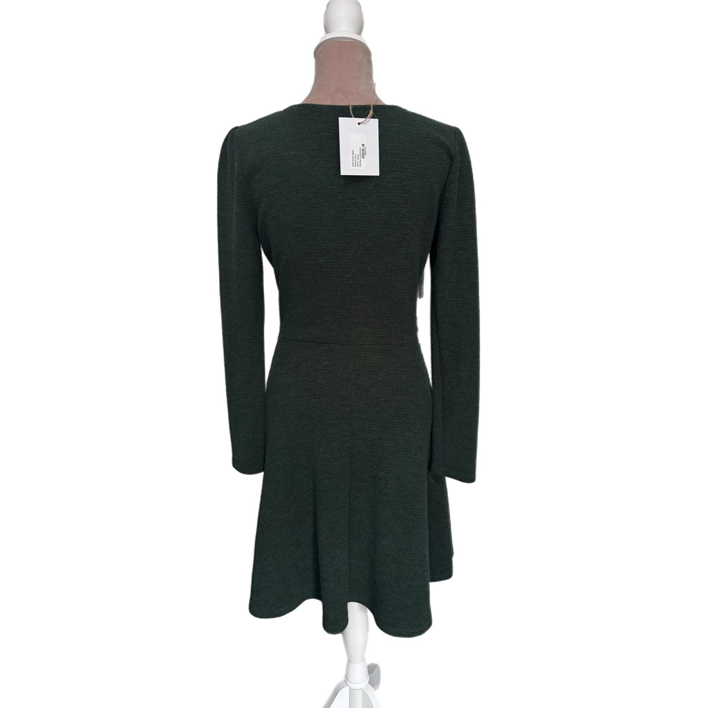 Gilli Textured Fit & Flare Dress Long Puff Sleeve in Dark Green