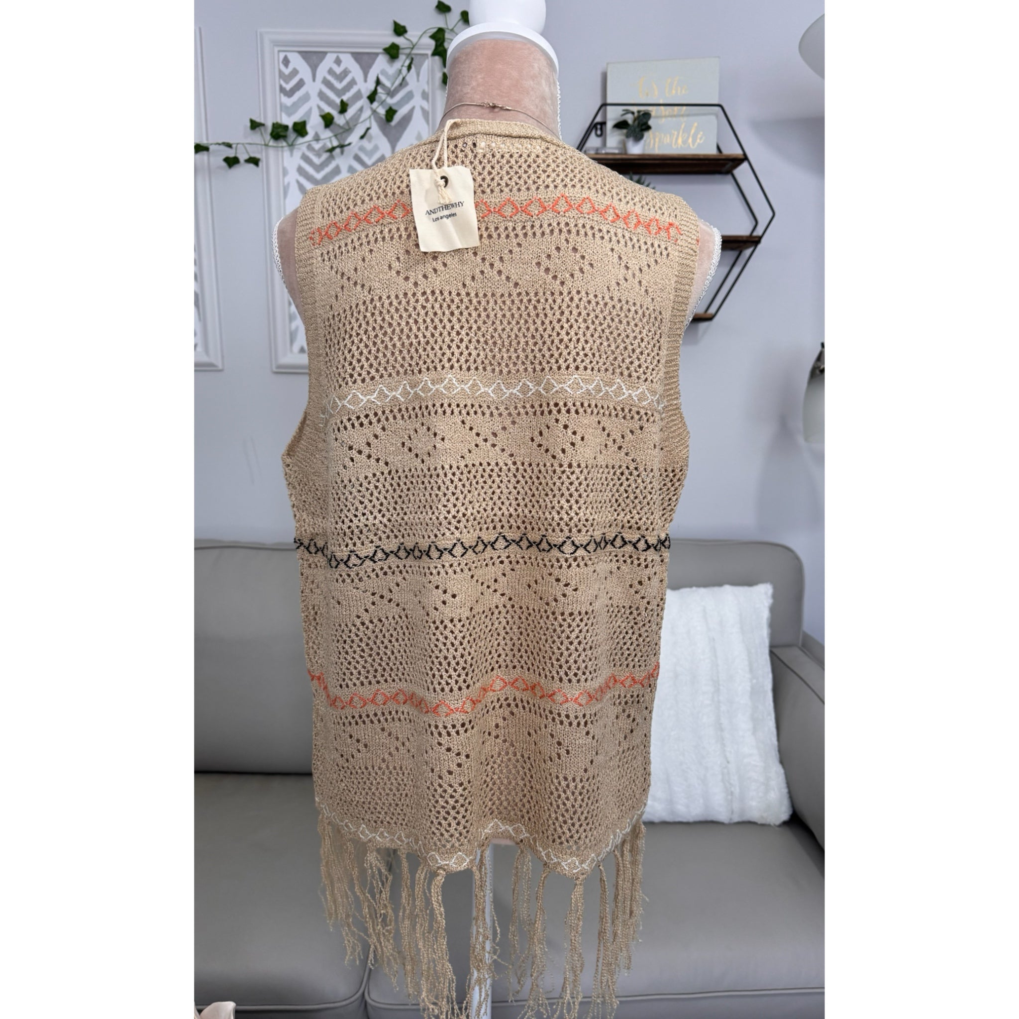 Boho Crochet Fringe Vest Tan Embroidered Open Front Cardigan