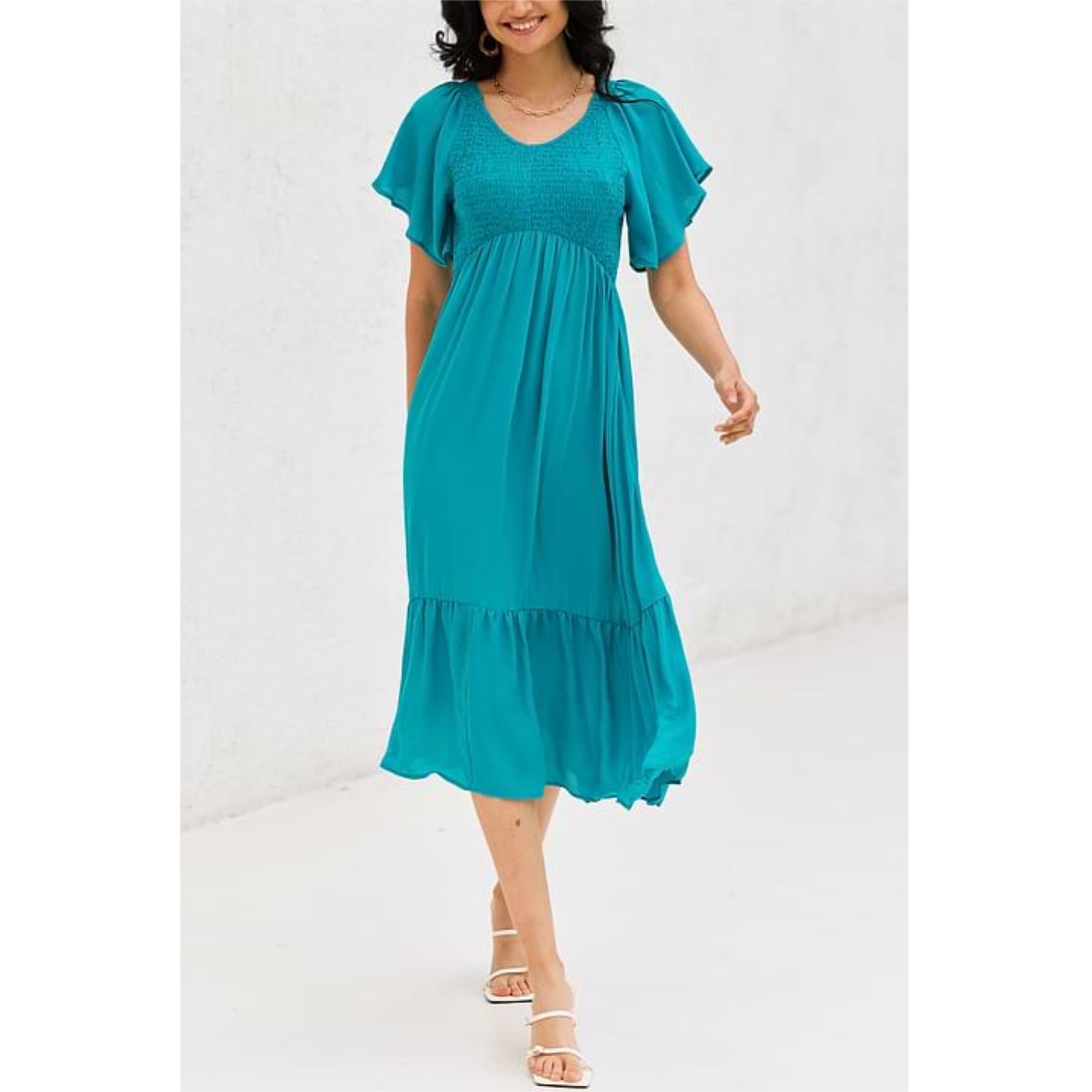 Ocean Blue Breezy Resort Dress Smocked Midi Ruffle Hem