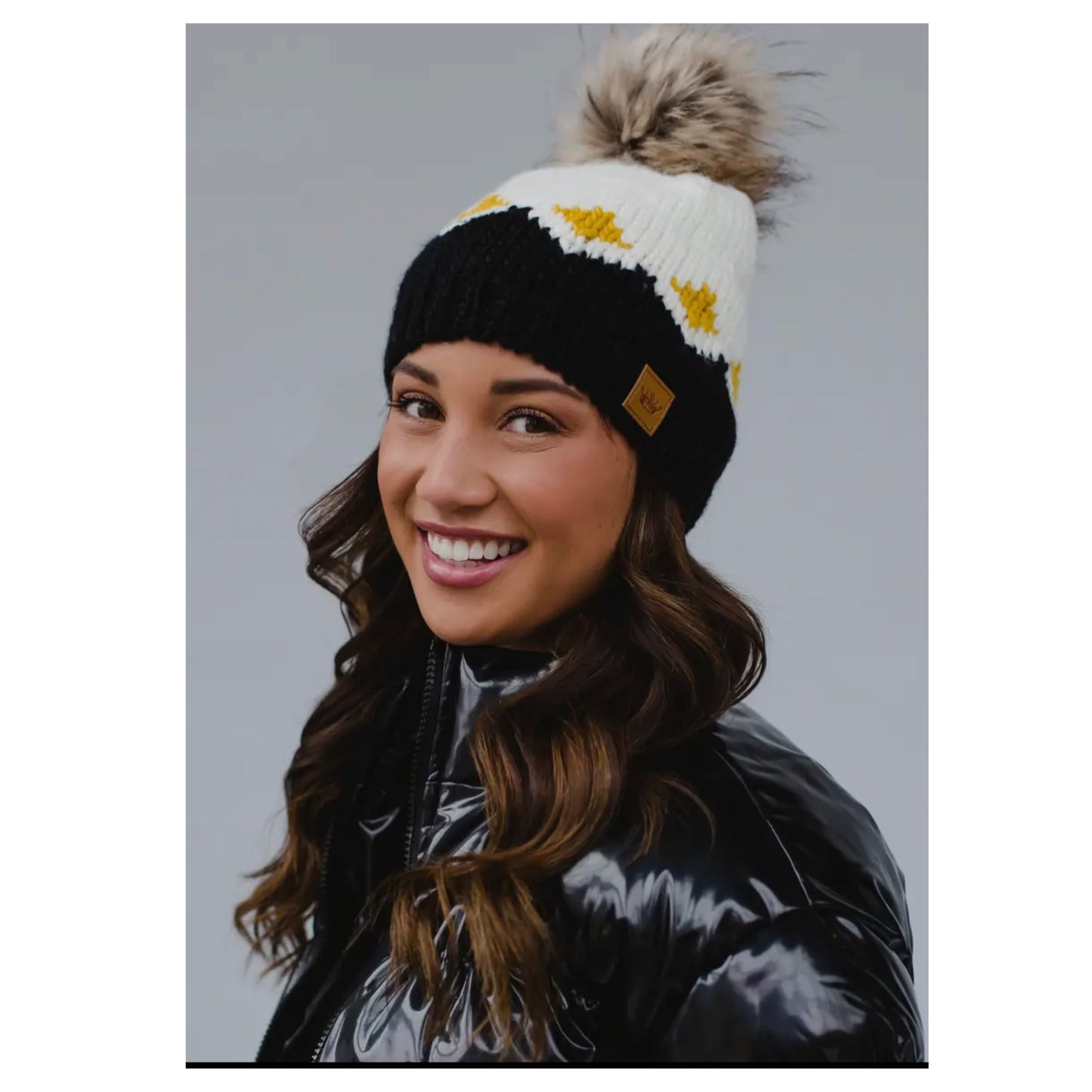 PANACHE Vegan Fur Pom Knit Hat White, Mustard & Black - East Coast Bella LLC