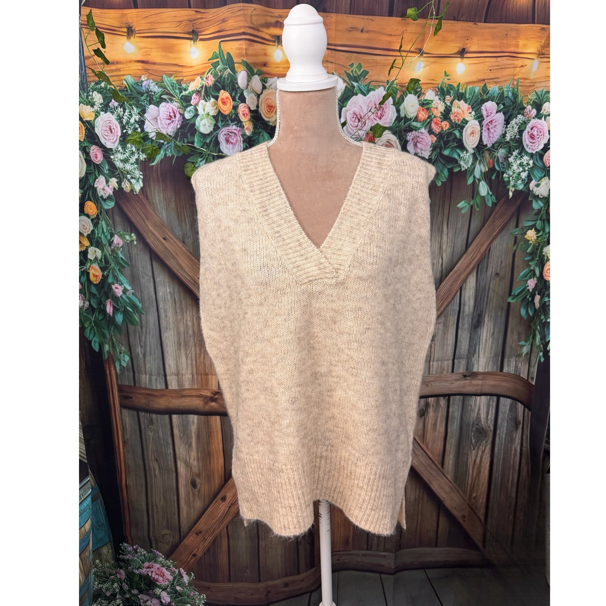 La Miel Oversized Soft Knit Preppy Lady Sweater Vest Wool Blend in Cream