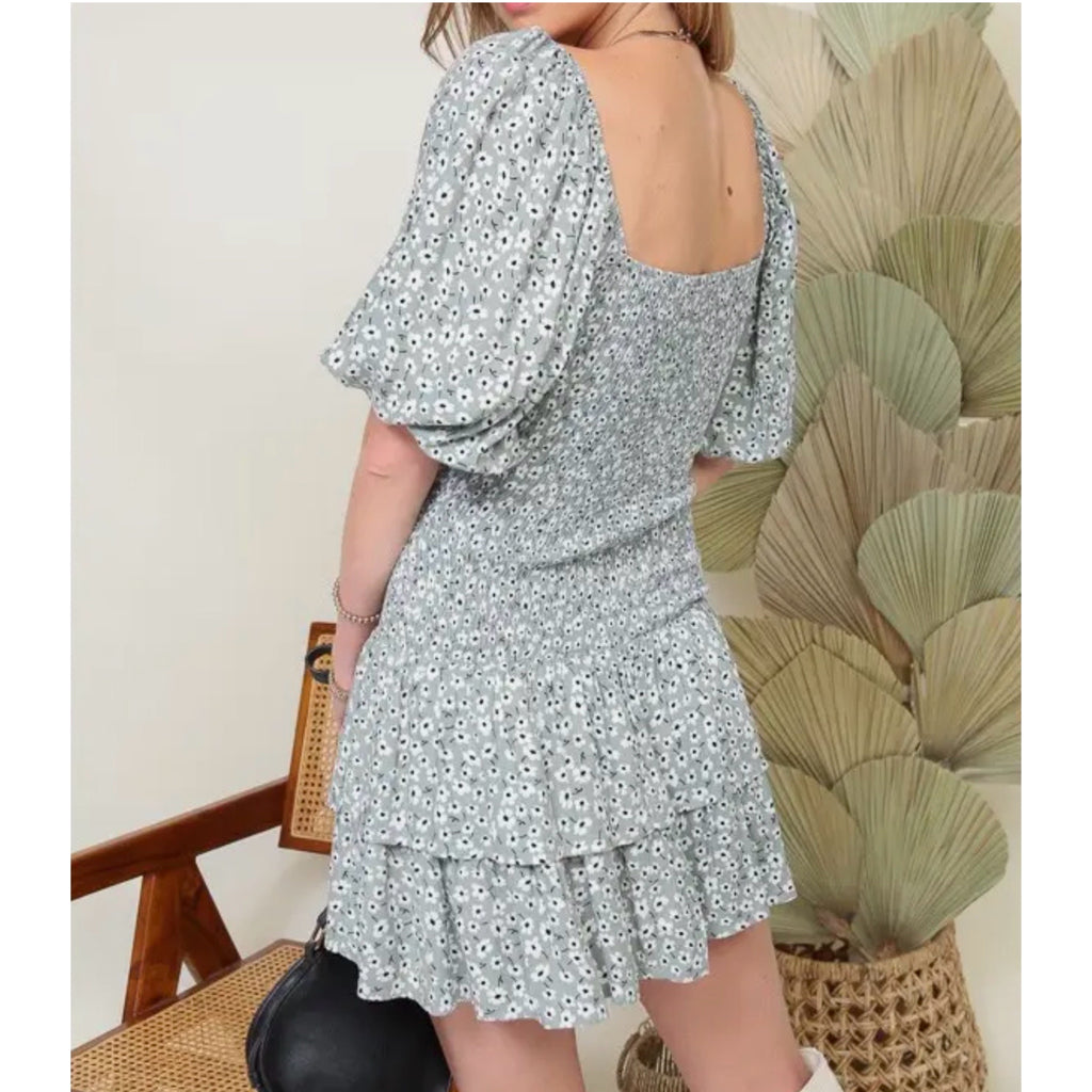 Lumiere Sage Daisy Floral Smocked Tie-Front Ruffle Mini Dress