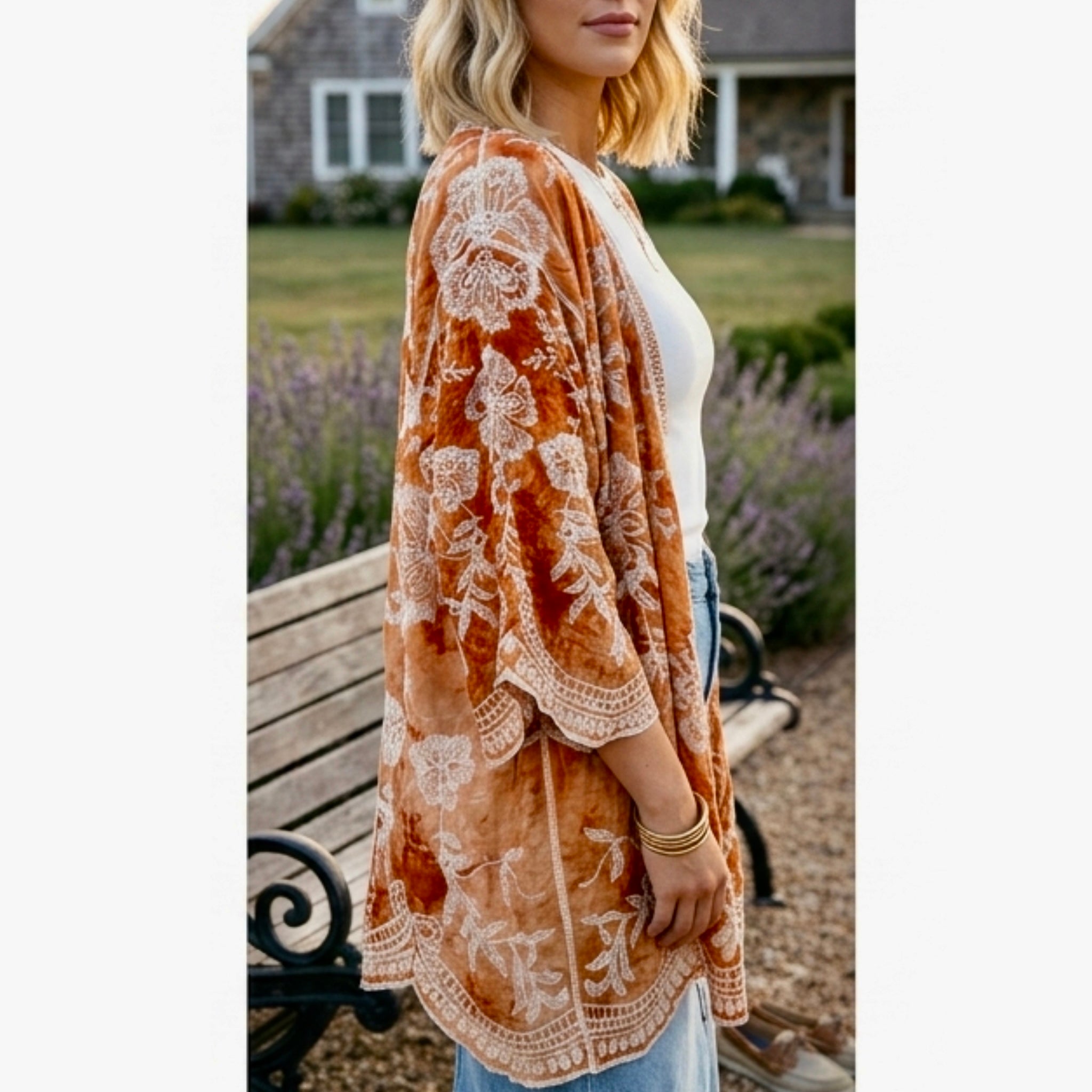 East Coast Bella Boho Embroidered Kimono Top Cover Up Layering Piece One Size