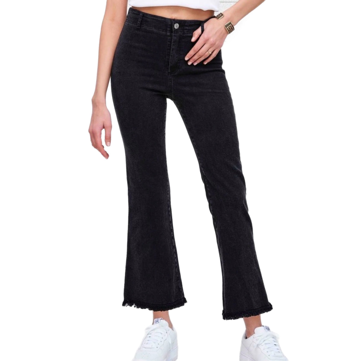 LA MIEL High-Rise Raw Hem Stretch Ankle Flare Pants in Black