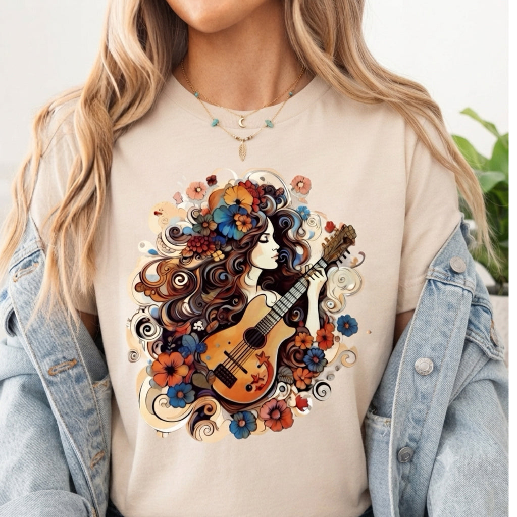 Boho Floral Guitar Girl Vintage Aesthetic Graphic Tee Shirt in Beige