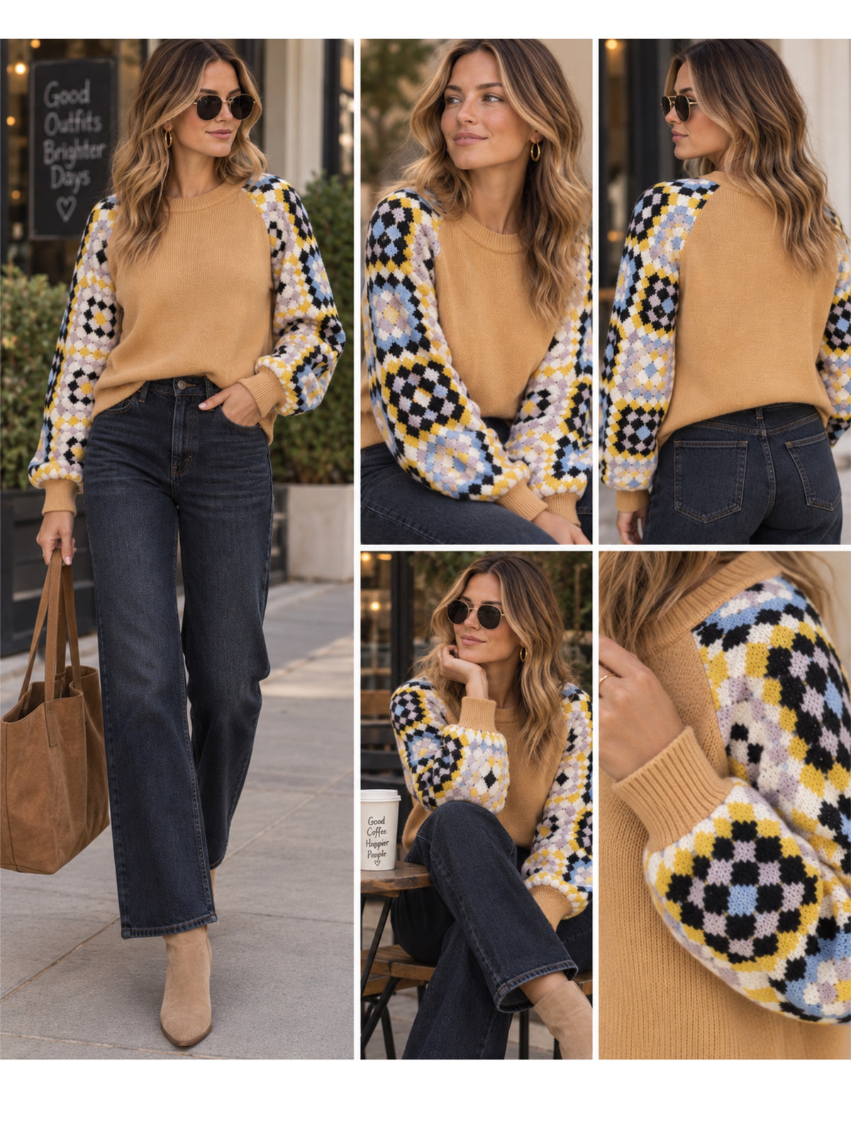 SOUTHERN GRACE Enchanting Crochet Sleeve Yellow Sweater