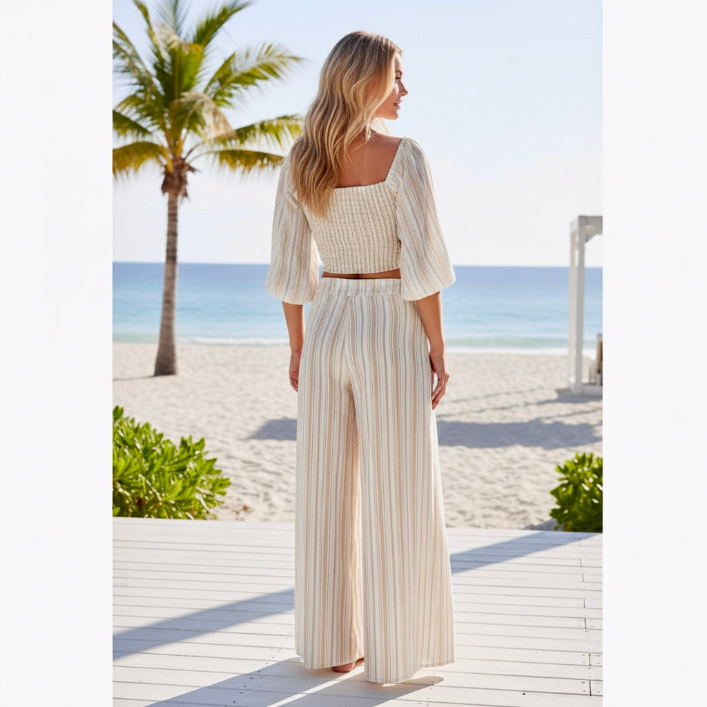 Peixoto Resort-wear Set Wide Leg Pant & Crop Top Coastal Sunset Stripe