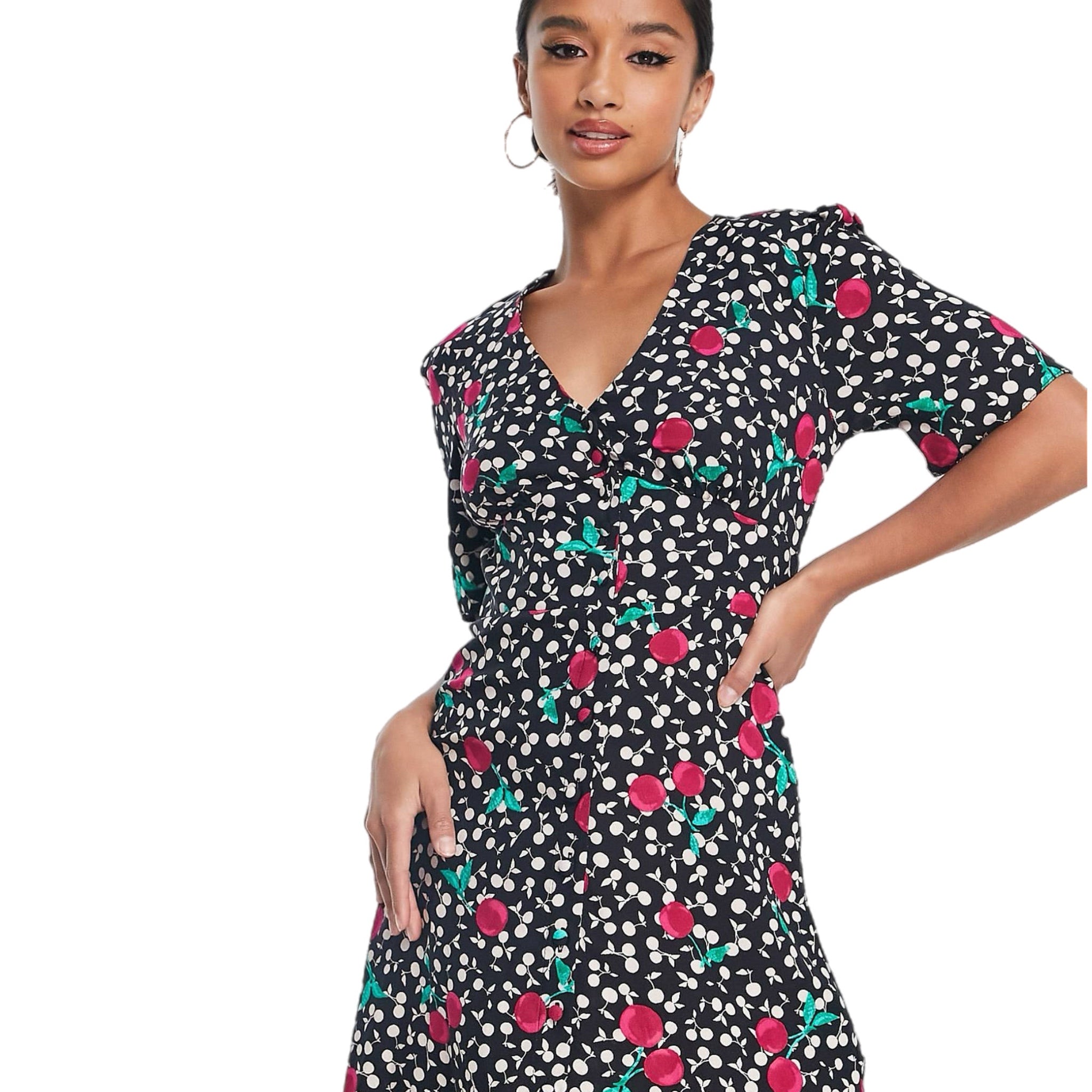 Nobody’s Child Cherry Mini Dress Eco Friendly Viscose Short Sleeve Button Front