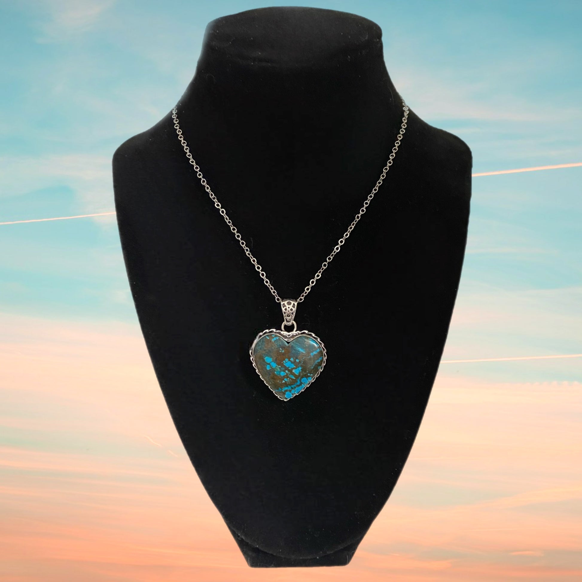 Western Turquoise Heart Pendant Necklace Silver Plated Metal Bezel, 18” Chain - East Coast Bella LLC